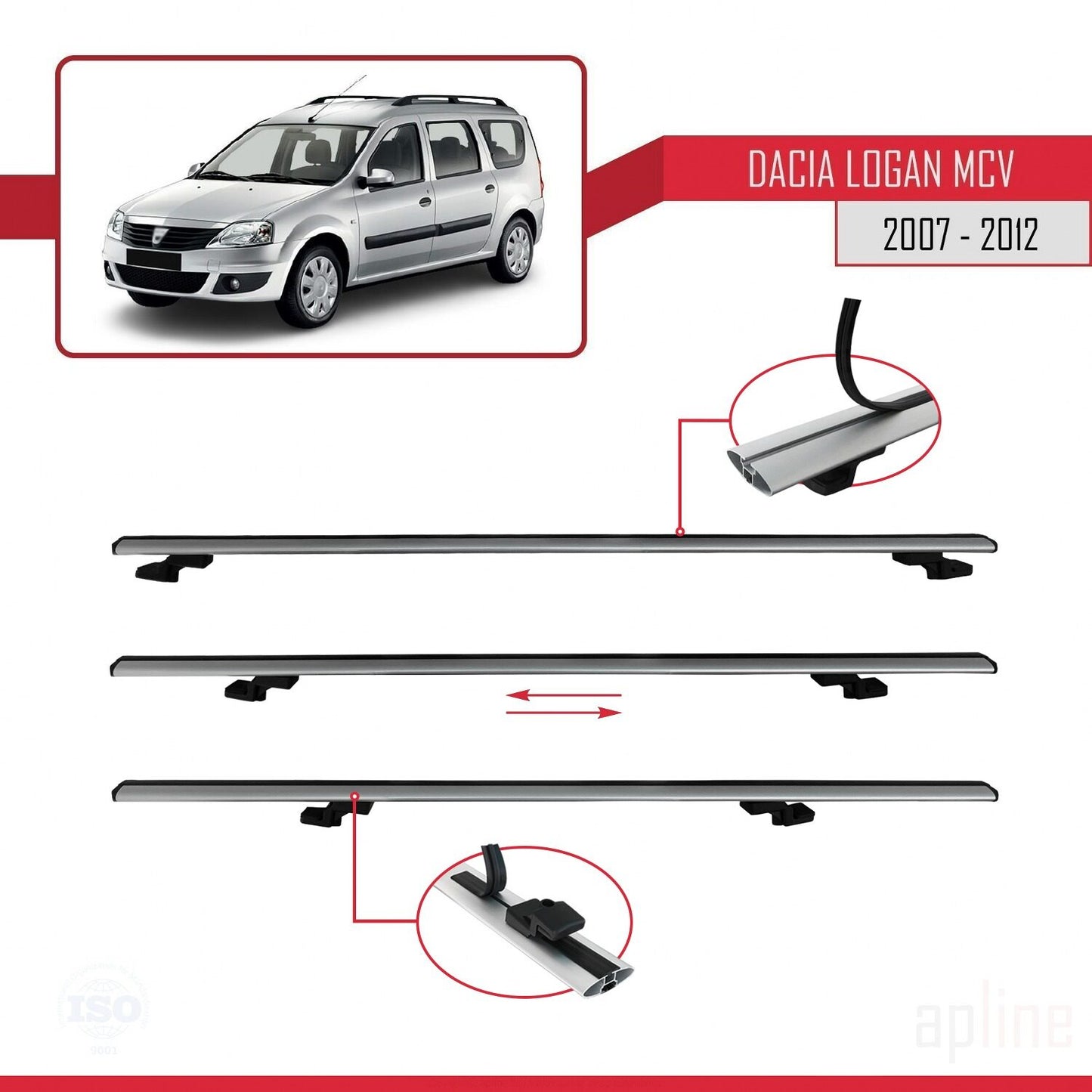 Compatible avec Dacia Logan 2 MCV (K52) 2007-2012 BASIC Model Barres de Toit Railing Porte-Bagages de Voiture Gris Aluminium 3 Barres