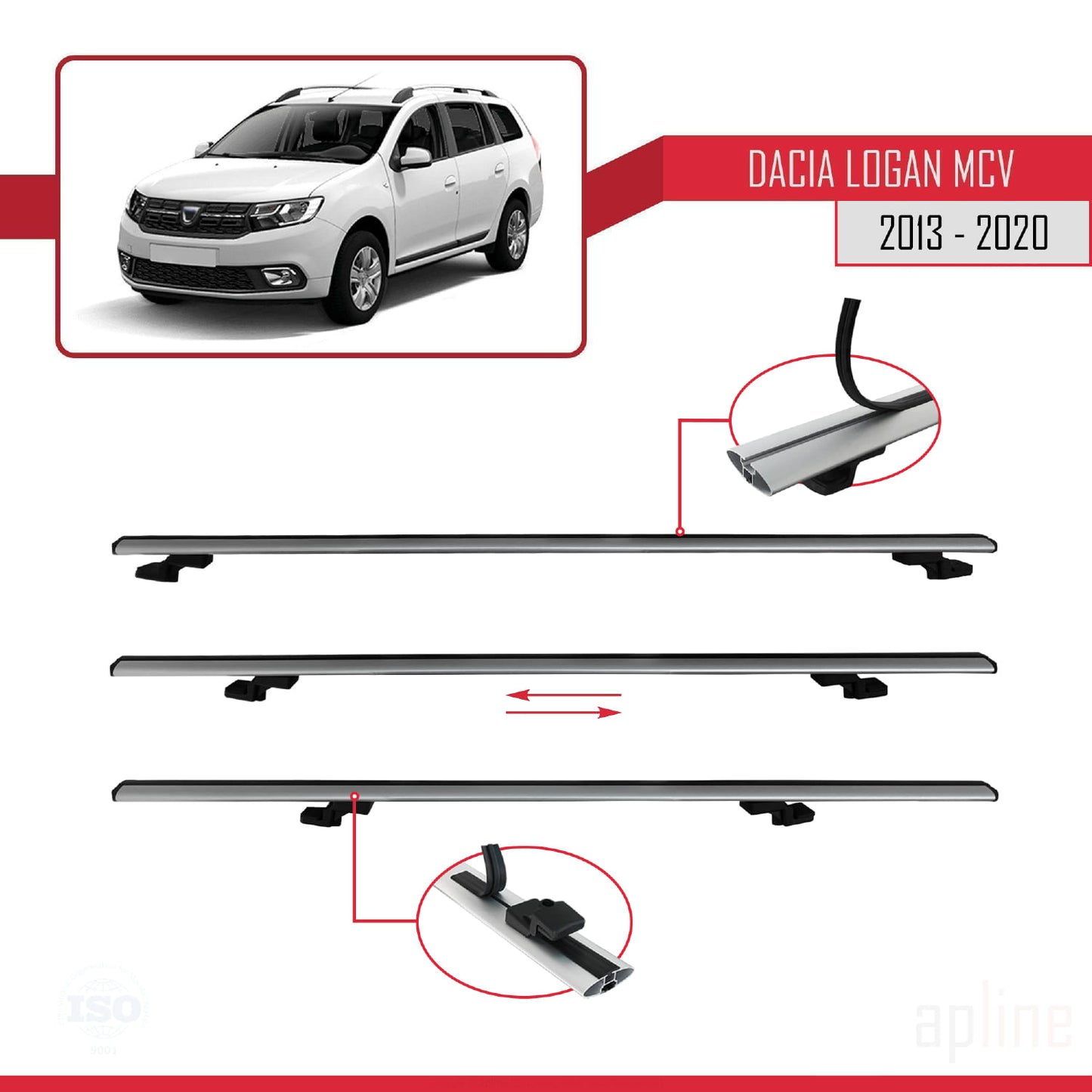 Compatible avec Dacia Logan 2 MCV (K52) 2013-2020 BASIC Model Barres de Toit Railing Porte-Bagages de Voiture Gris Aluminium 3 Barres