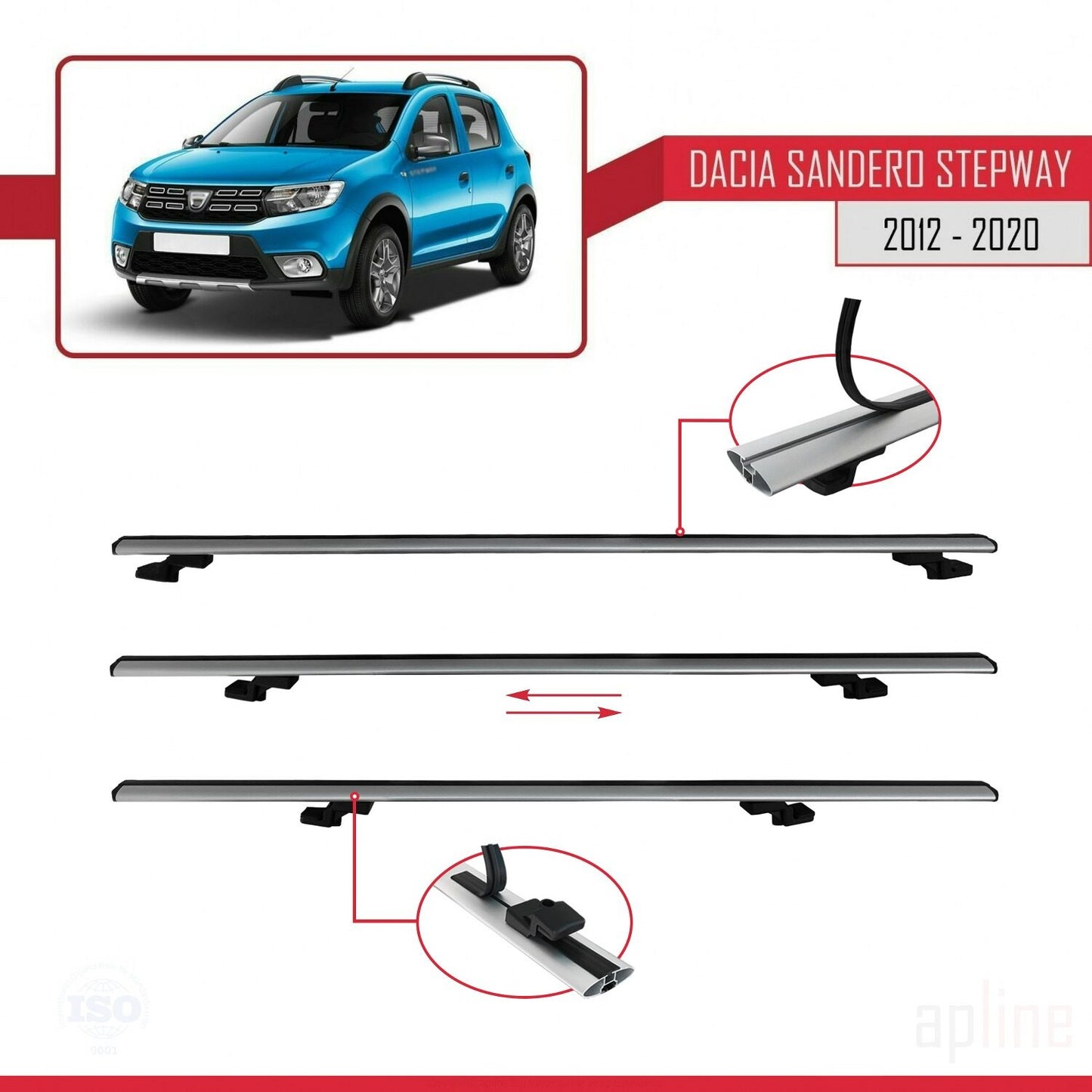 Compatible avec Dacia Sandero Stepway 2 2012-2020 BASIC Model Barres de Toit Railing Porte-Bagages de Voiture Gris Aluminium 2 Barres