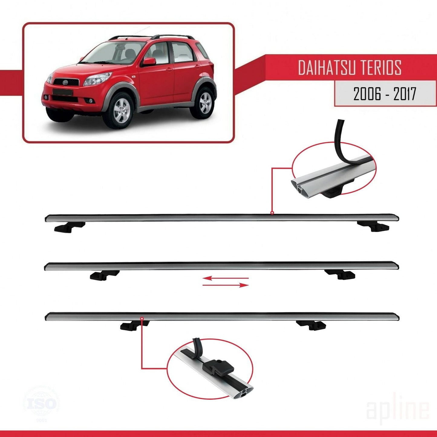 Compatible avec Daihatsu Terios 2 (J200) 2006-2017 BASIC Model Barres de Toit Railing Porte-Bagages de Voiture Gris Aluminium 2 Barres