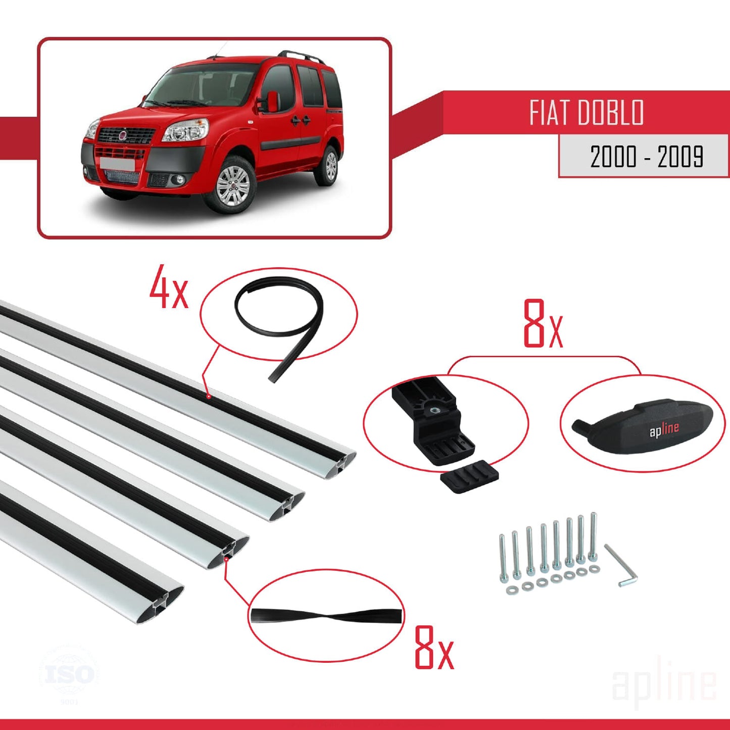 Compatible avec Fiat Doblo 2000-2009 BASIC Model Barres de Toit Railing Porte-Bagages de Voiture Gris Aluminium 4 Barres