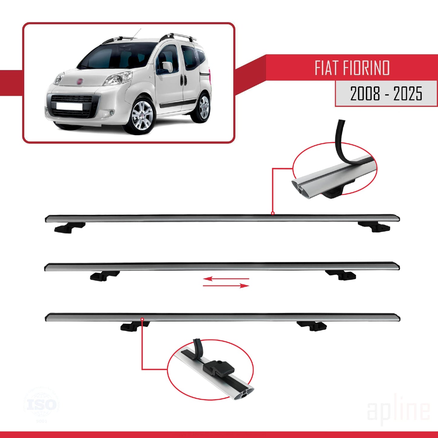 Compatible avec Fiat Fiorino 3 2008-2025 BASIC Model Barres de Toit Railing Porte-Bagages de Voiture Gris Aluminium 4 Barres