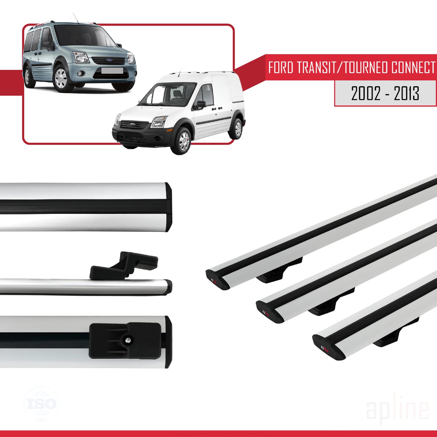 Compatible avec Ford Transit/Tourneo Connect 2002-2013 BASIC Model Barres de Toit Railing Porte-Bagages de Voiture Gris Aluminium 3 Barres