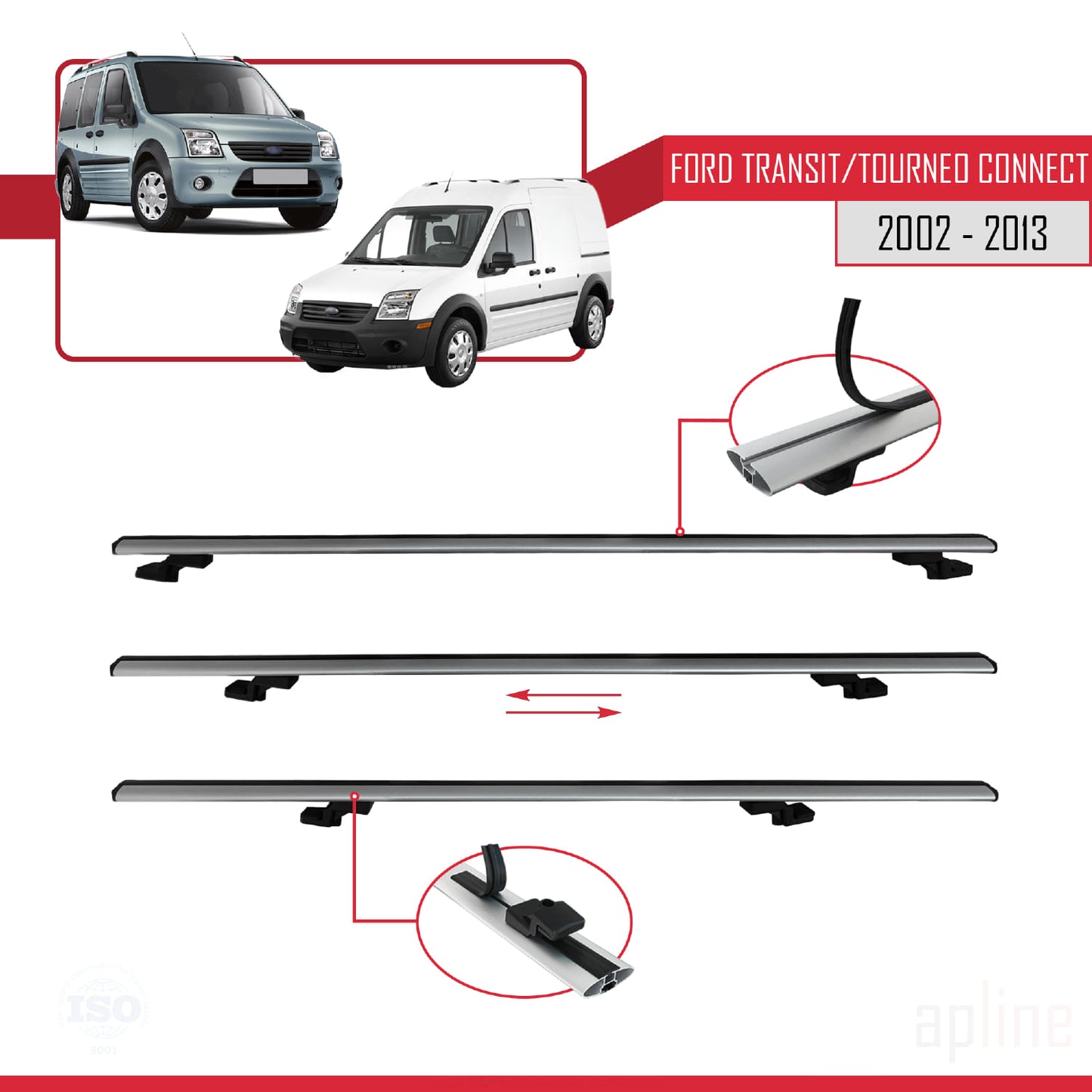 Compatible avec Ford Transit/Tourneo Connect 2002-2013 BASIC Model Barres de Toit Railing Porte-Bagages de Voiture Gris Aluminium 3 Barres