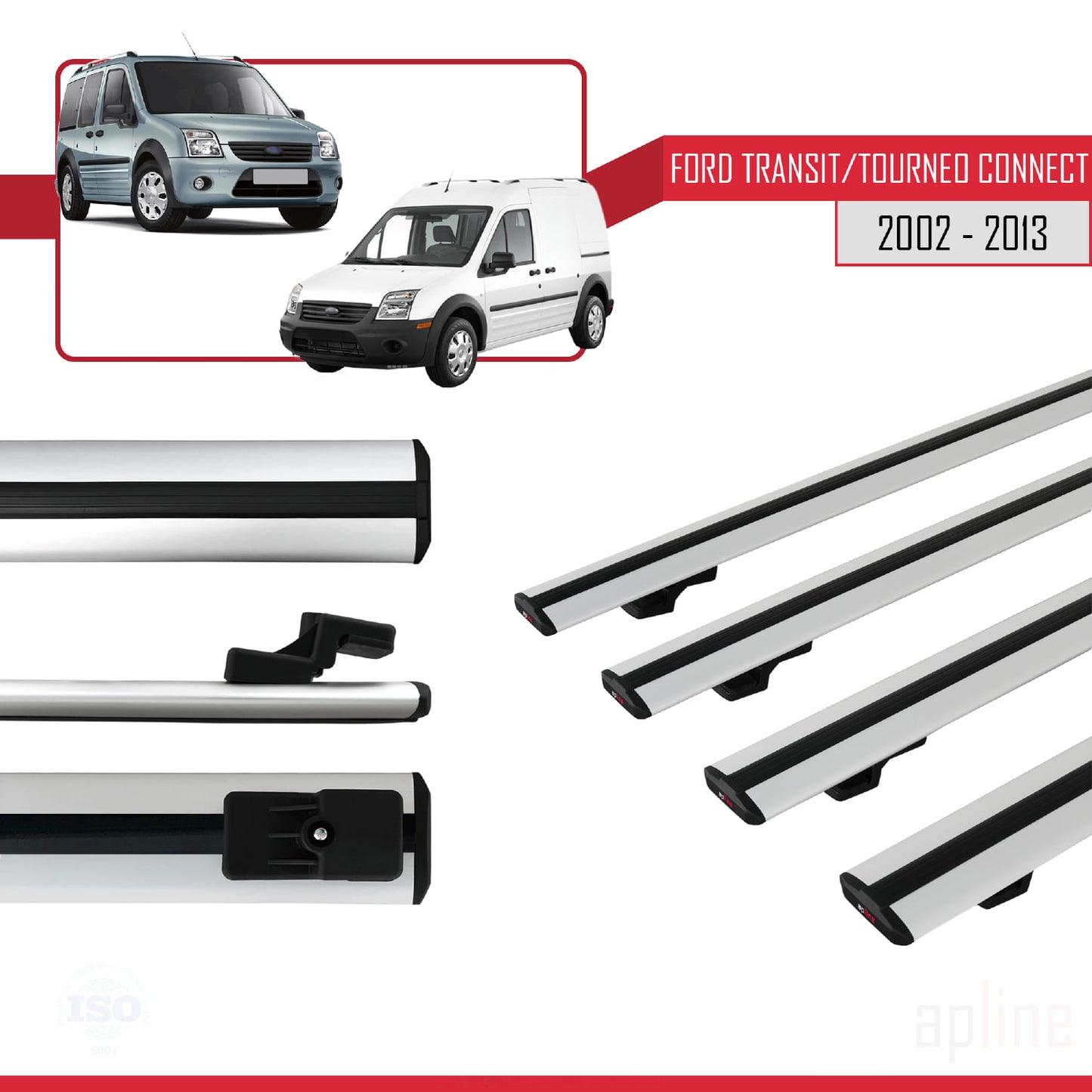 Compatible avec Ford Transit/Tourneo Connect 2002-2013 BASIC Model Barres de Toit Railing Porte-Bagages de Voiture Gris Aluminium 4 Barres