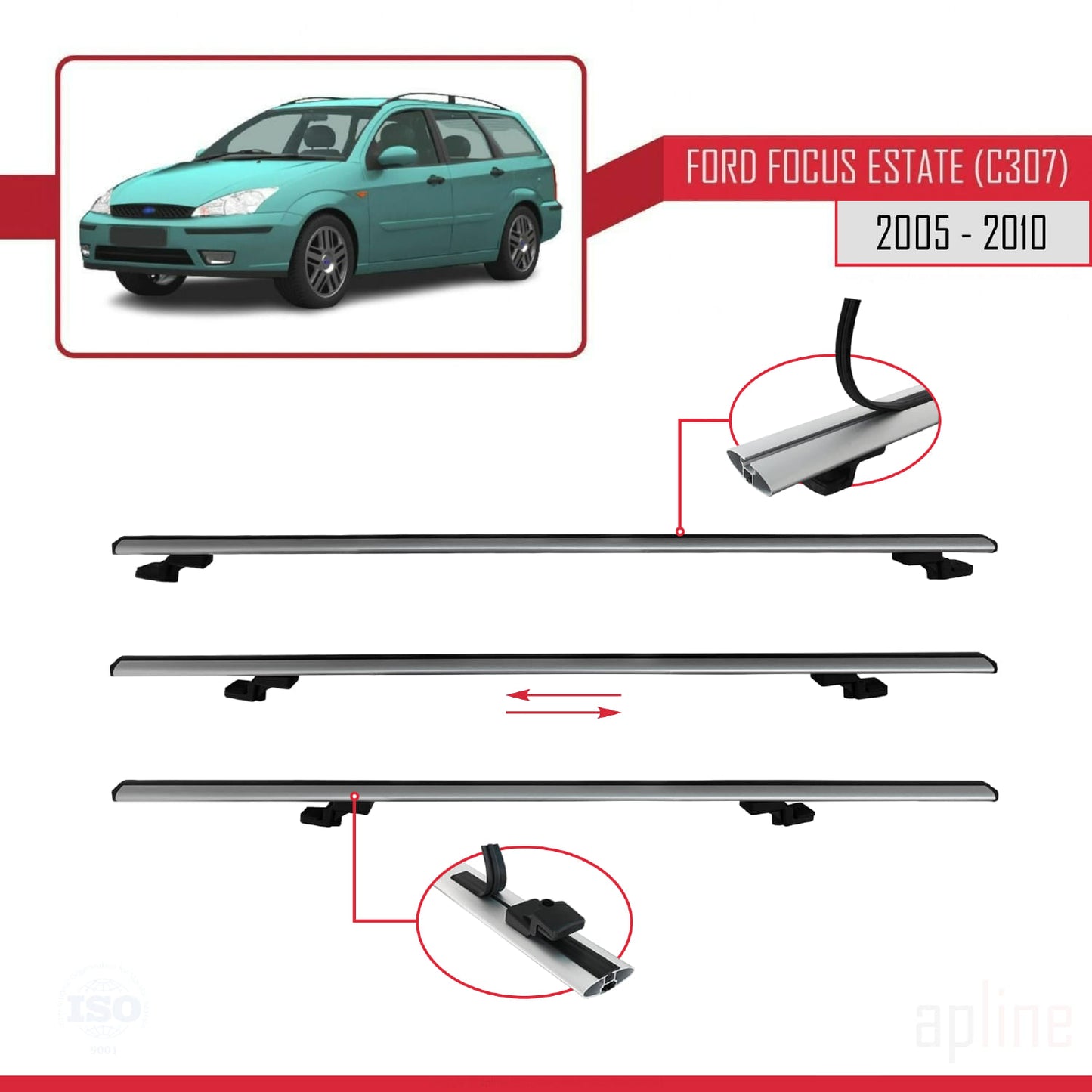 Compatible avec Ford Focus 2 (C307) Break 2005-2010 BASIC Model Barres de Toit Railing Porte-Bagages de Voiture Gris Aluminium 2 Barres