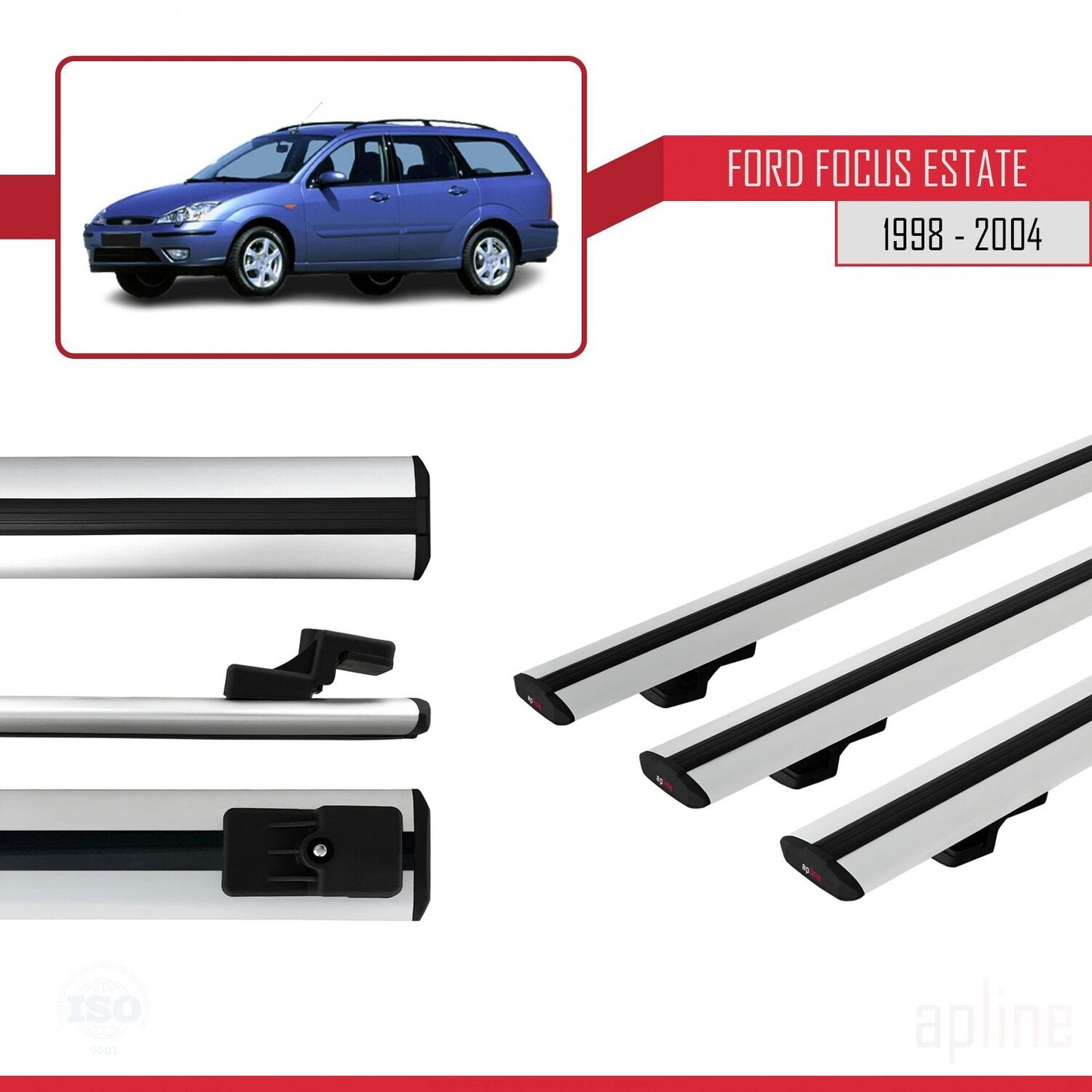 Compatible avec Ford Focus (C170) Break 1998-2004 BASIC Model Barres de Toit Railing Porte-Bagages de Voiture Gris Aluminium 3 Barres