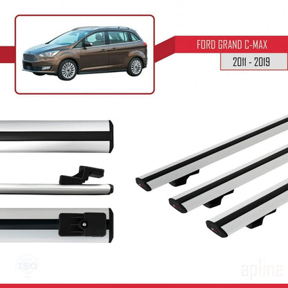 Compatible avec Ford Grand C-Max (C344) 2011-2019 BASIC Model Barres de Toit Railing Porte-Bagages de Voiture Gris Aluminium 3 Barres