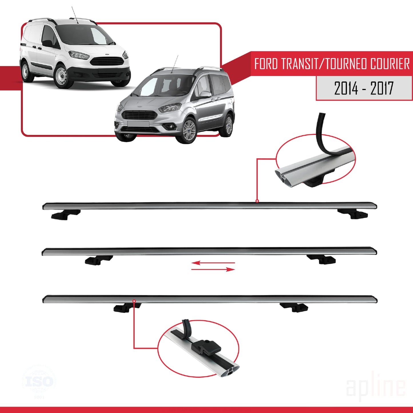 Compatible avec Ford Transit/Tourneo Courier Pre-Facelift 2014-2017 BASIC Model Barres de Toit Railing Porte-Bagages de Voiture Gris Aluminium 2 Barres