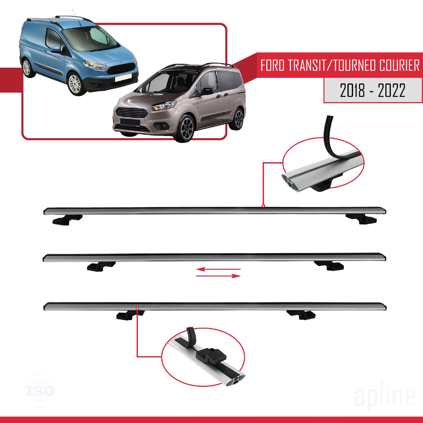 Compatible with Ford Transit/Tourneo Courier Post-Facelift 2018-2022 BASIC Model Car Roof Rack Cross Bar Grey Aluminium 2 Bars