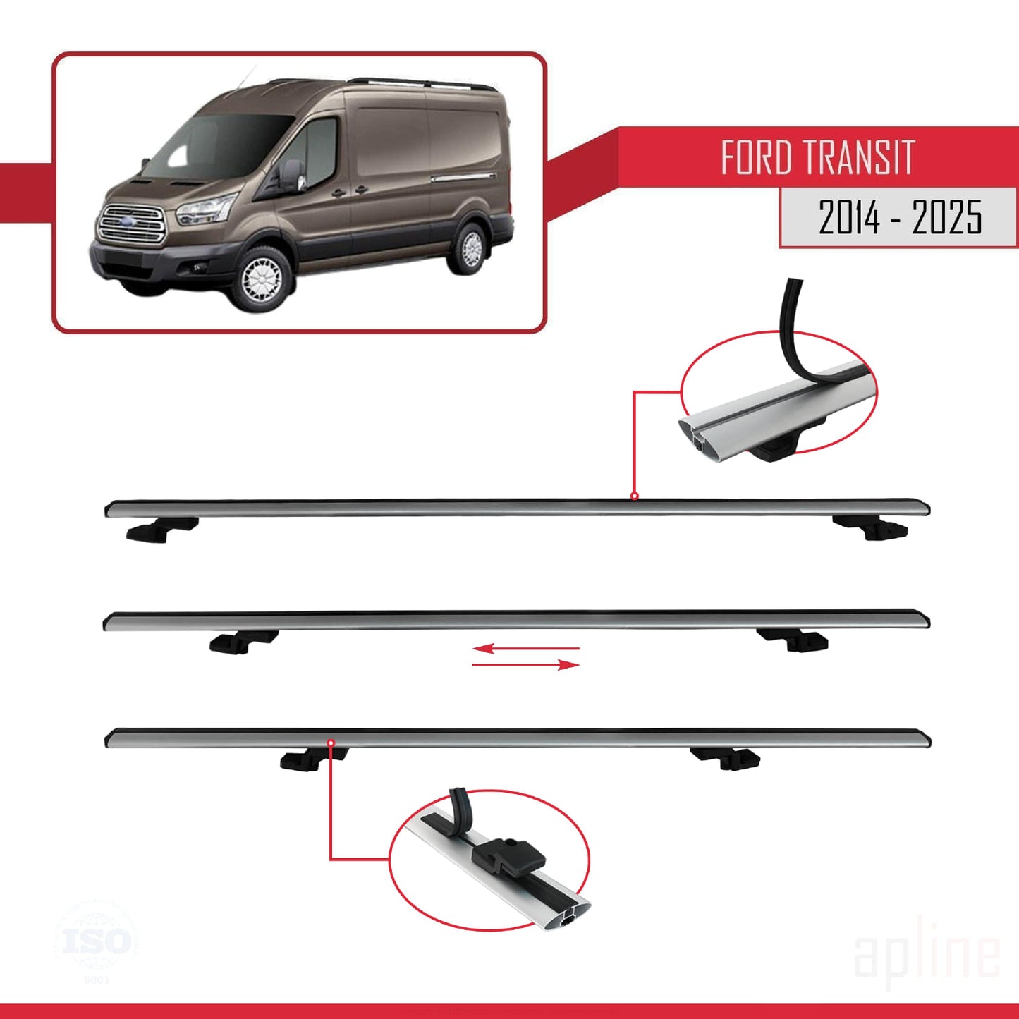 Compatible avec Ford Transit 2014-2025 BASIC Model Barres de Toit Railing Porte-Bagages de Voiture Gris Aluminium 3 Barres