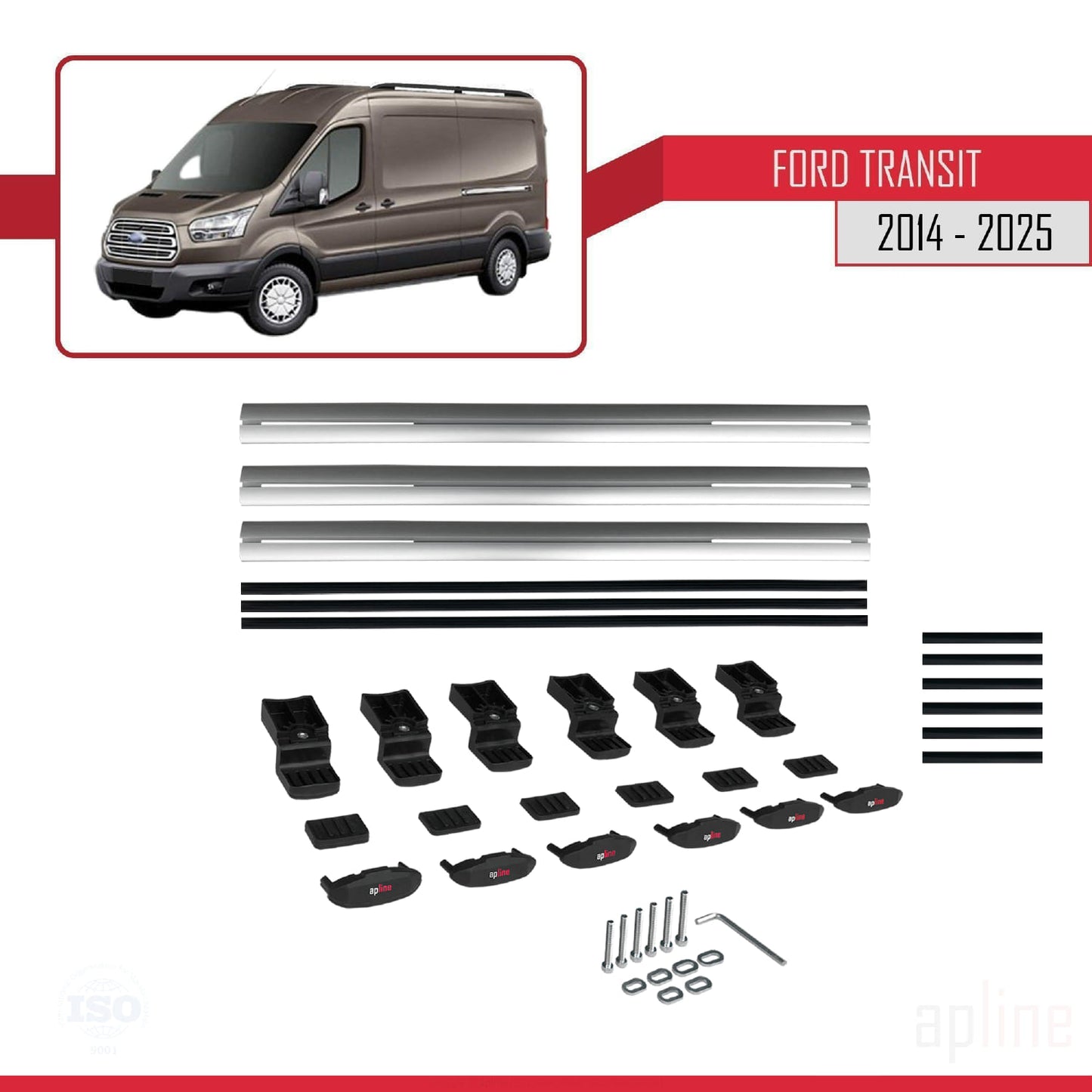 Compatible avec Ford Transit 2014-2025 BASIC Model Barres de Toit Railing Porte-Bagages de Voiture Gris Aluminium 3 Barres