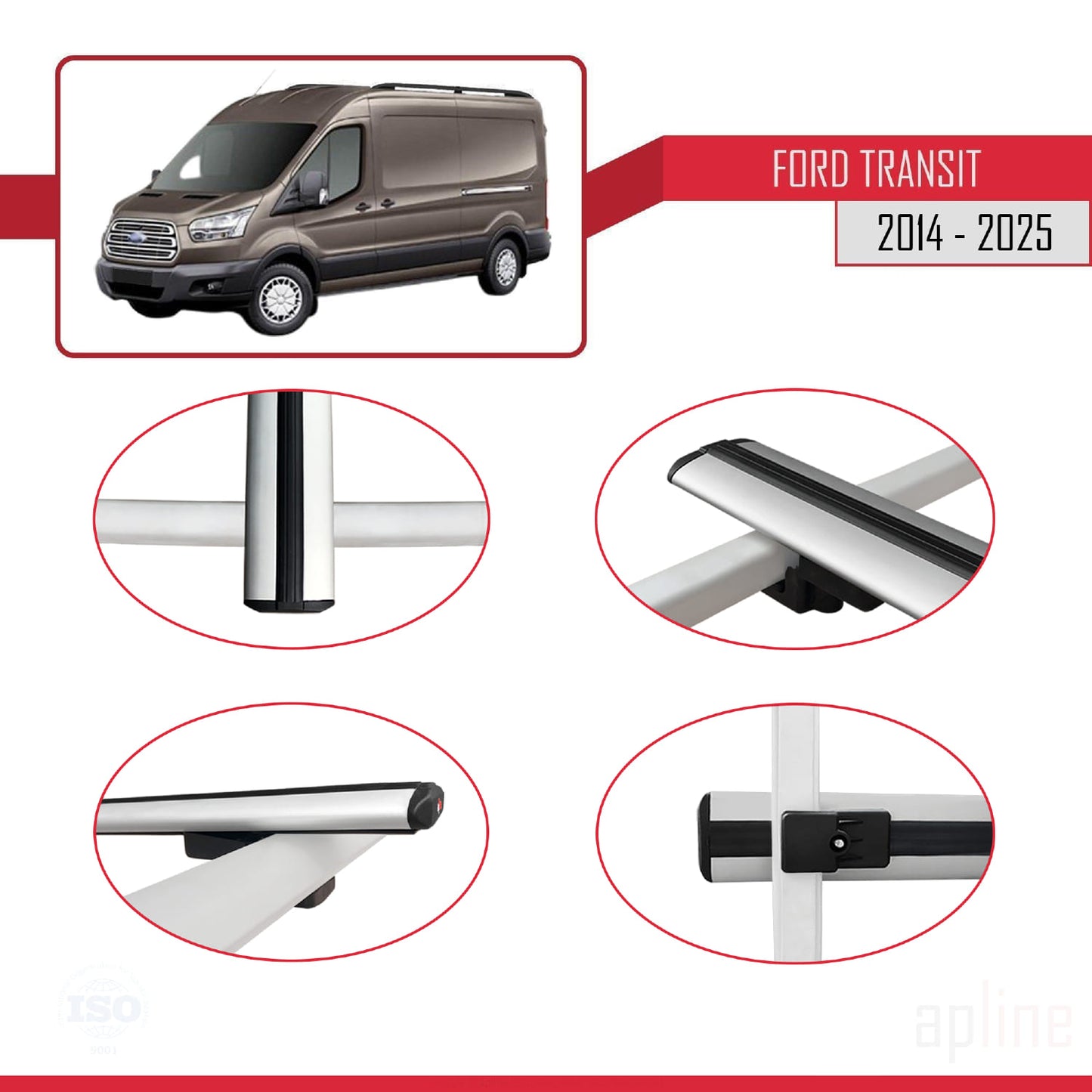 Compatible avec Ford Transit 2014-2025 BASIC Model Barres de Toit Railing Porte-Bagages de Voiture Gris Aluminium 4 Barres