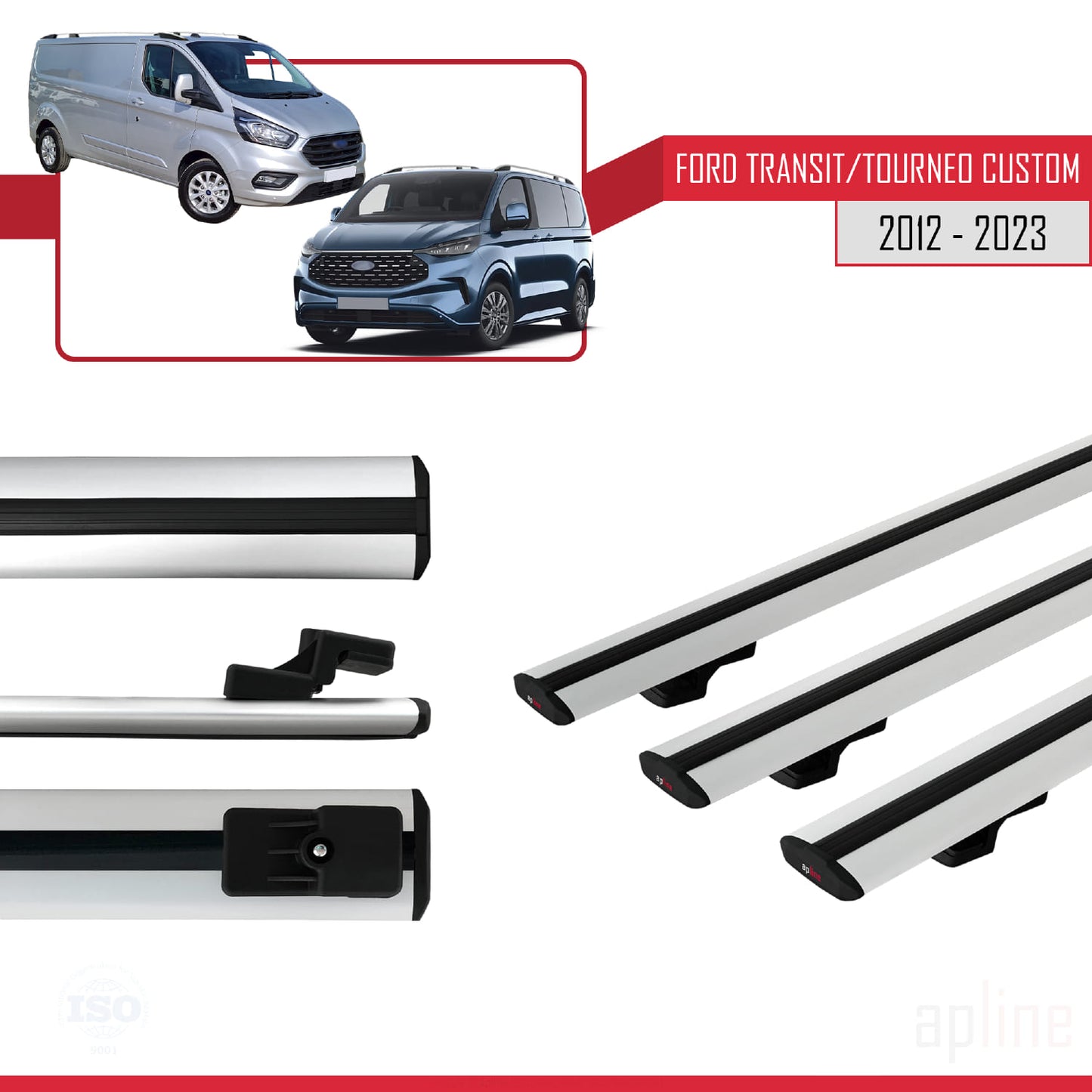 Compatible with Ford Transit/Tourneo Custom 2012-2023 BASIC Model Car Roof Rack Cross Bar Grey Aluminium 3 Bars