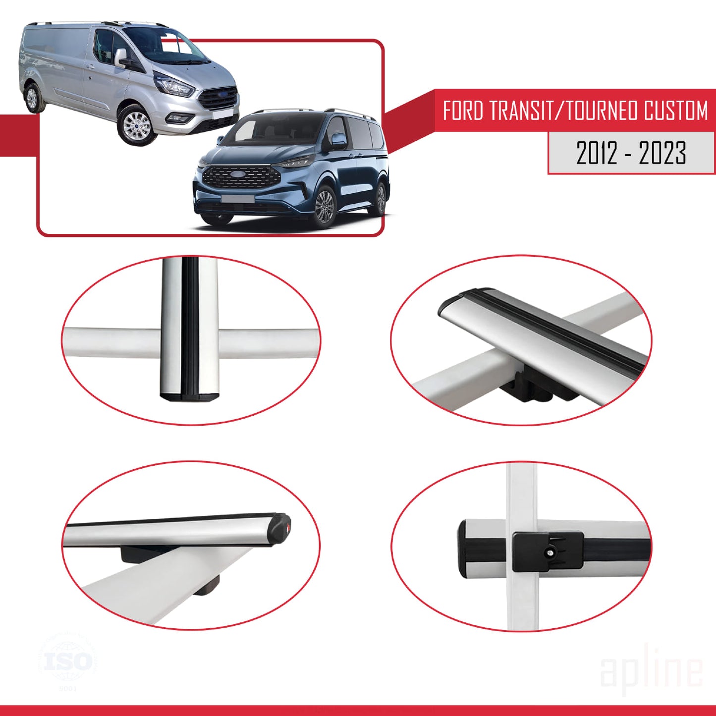 Compatible with Ford Transit/Tourneo Custom 2012-2023 BASIC Model Car Roof Rack Cross Bar Grey Aluminium 3 Bars