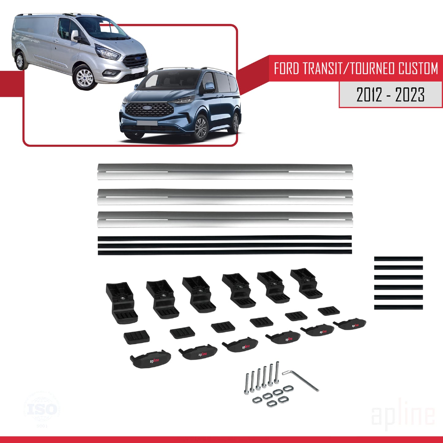 Compatible with Ford Transit/Tourneo Custom 2012-2023 BASIC Model Car Roof Rack Cross Bar Grey Aluminium 3 Bars