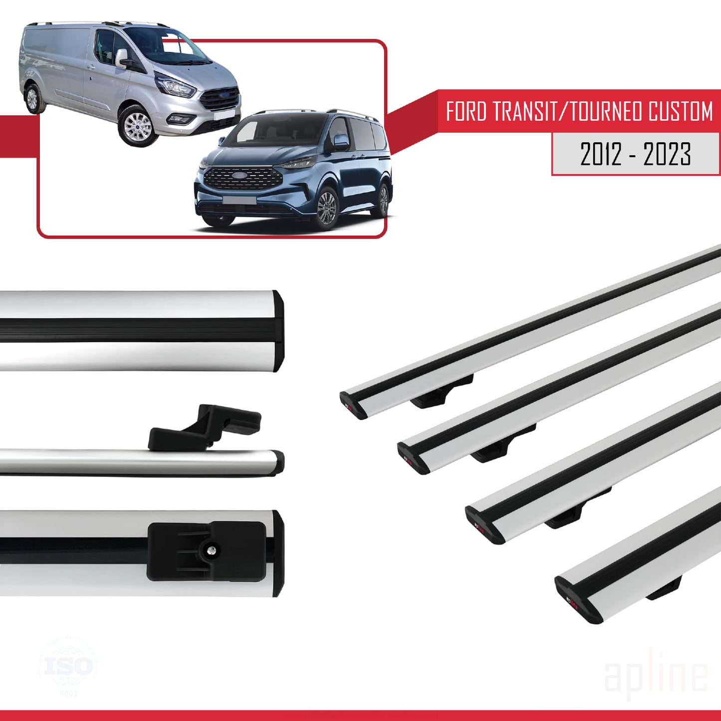 Compatible with Ford Transit/Tourneo Custom 2012-2023 BASIC Model Car Roof Rack Cross Bar Grey Aluminium 4 Bars