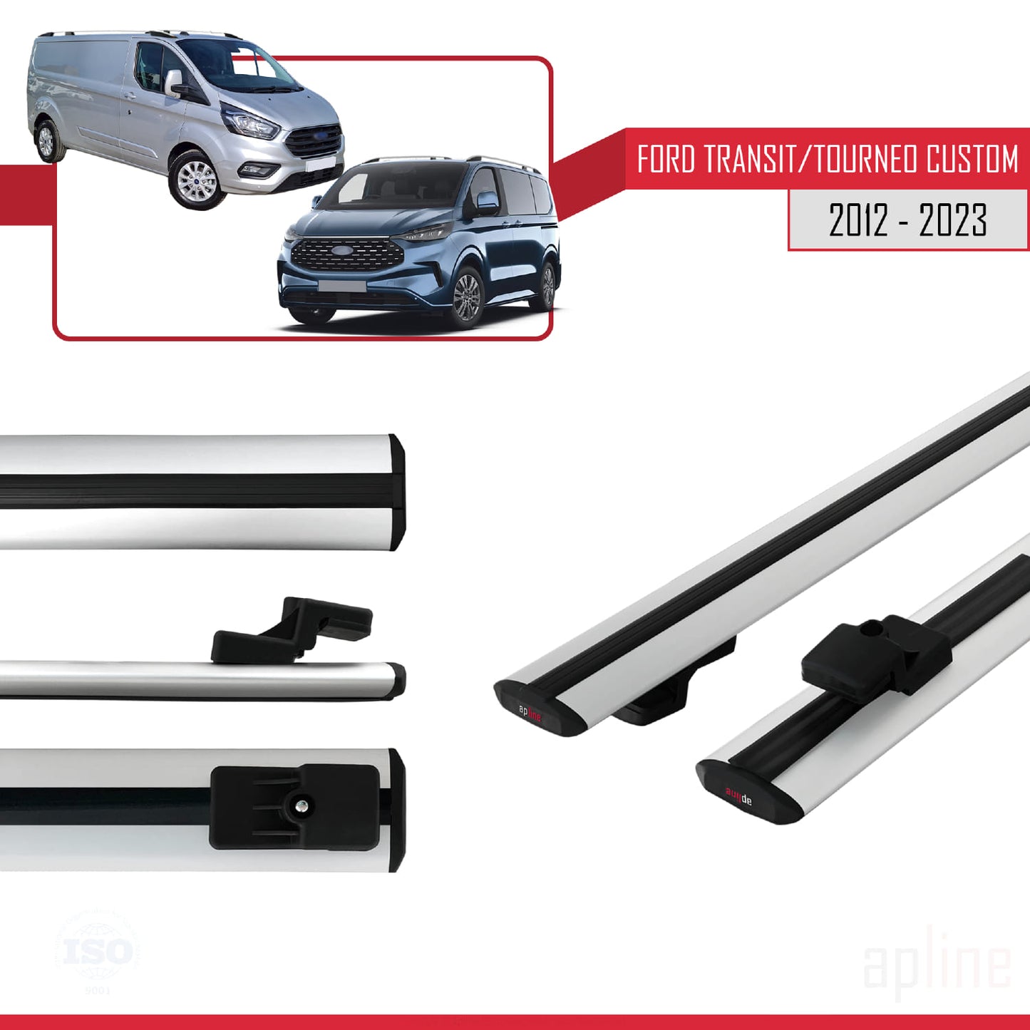 Compatible with Ford Transit/Tourneo Custom 2012-2023 BASIC Model Car Roof Rack Cross Bar Grey Aluminium 2 Bars