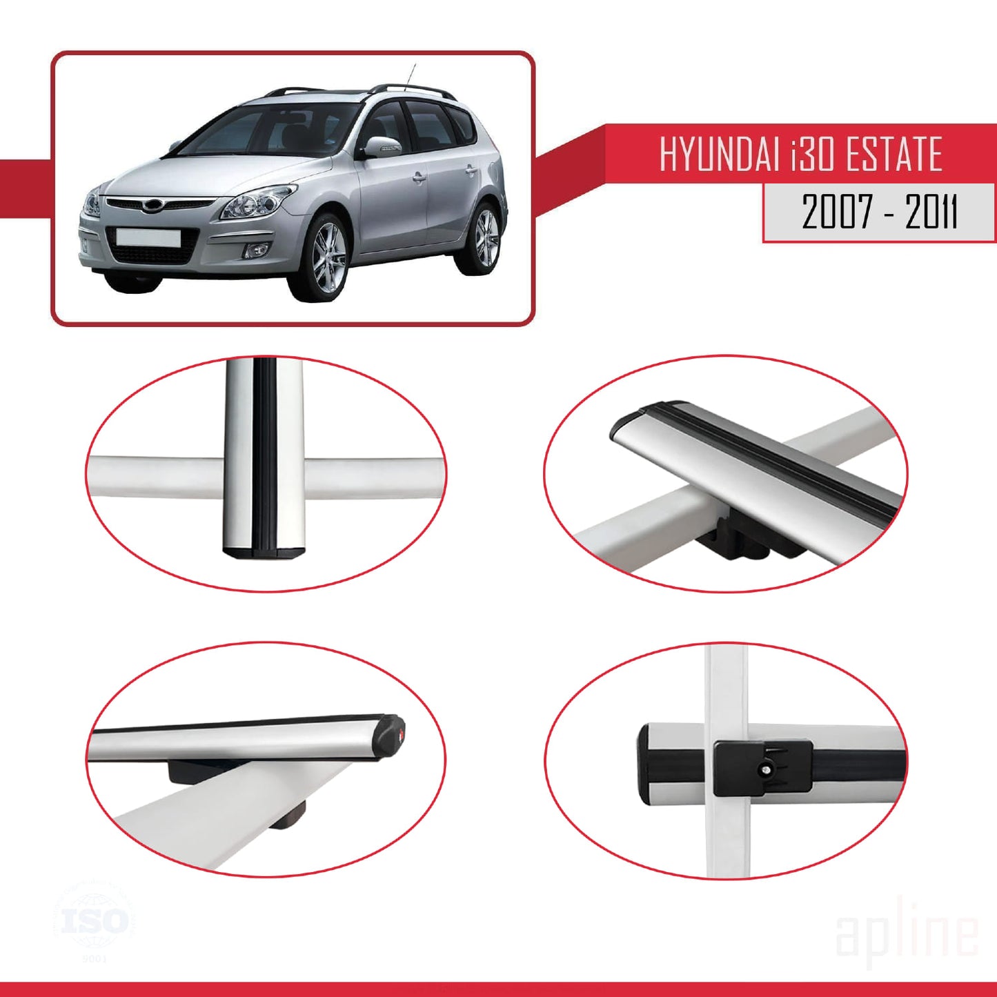 Compatible avec Hyundai i30 (FD) Break 2007-2011 BASIC Model Barres de Toit Railing Porte-Bagages de Voiture Gris Aluminium 3 Barres