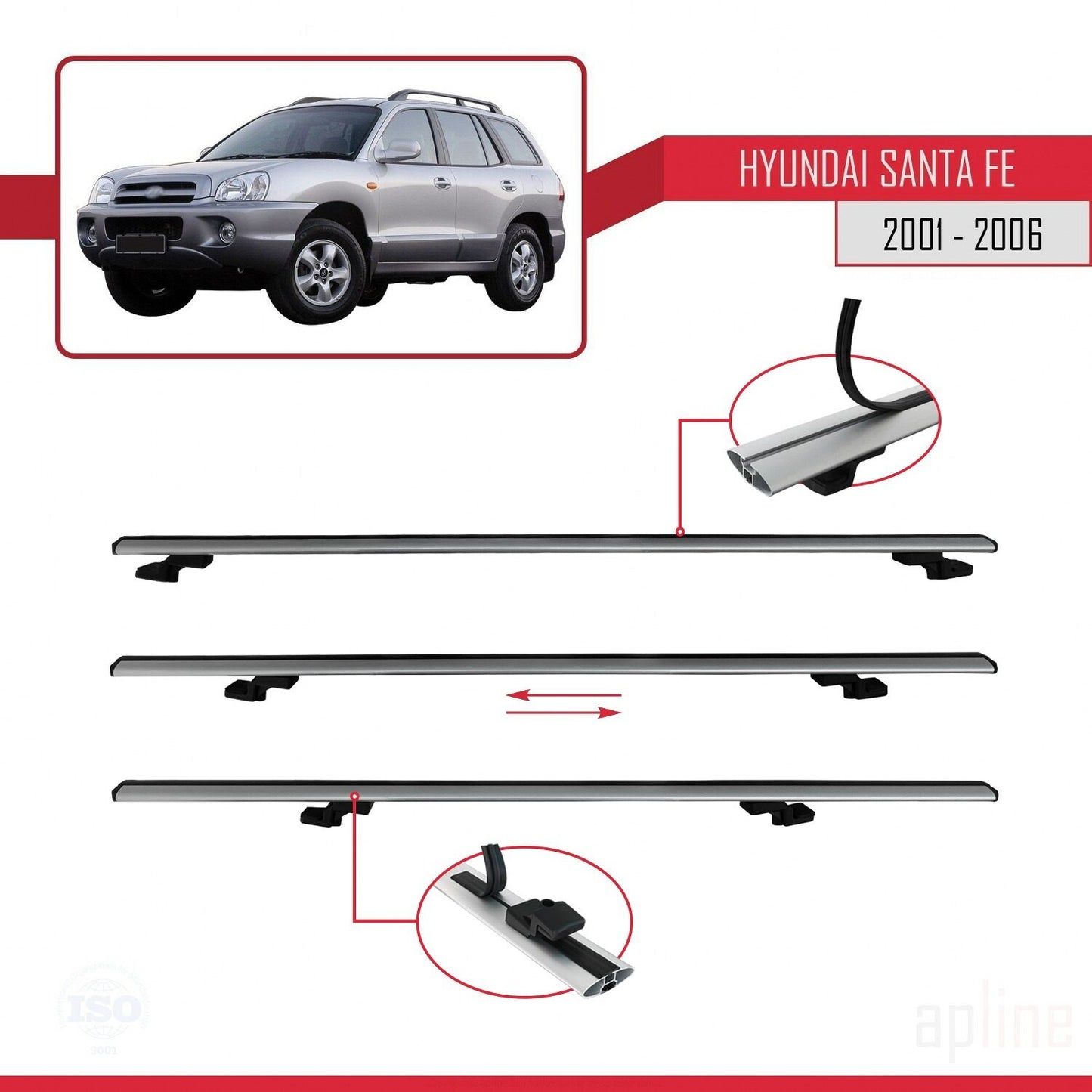 Compatible avec Hyundai Santa Fe (SM) 2001-2006 BASIC Model Barres de Toit Railing Porte-Bagages de Voiture Gris Aluminium 2 Barres