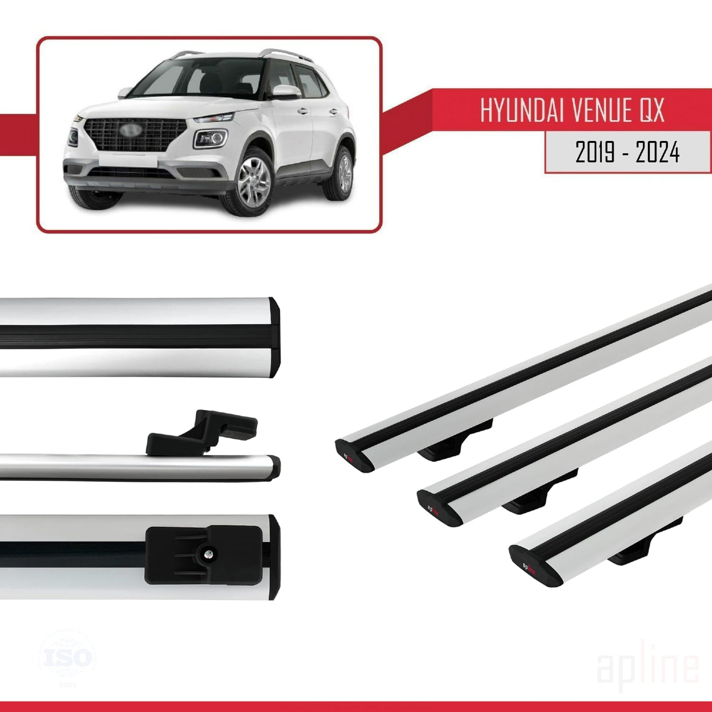 Compatible avec Hyundai Venue (QX) 2019-2024 BASIC Model Barres de Toit Railing Porte-Bagages de Voiture Gris Aluminium 3 Barres