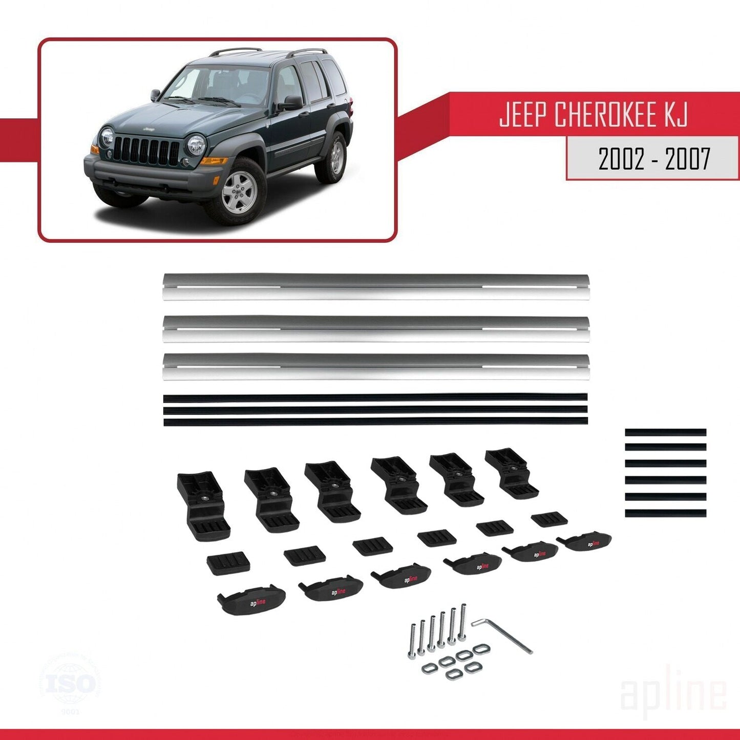 Compatible avec Jeep Cherokee 3 (KJ) 2002-2007 BASIC Model Barres de Toit Railing Porte-Bagages de Voiture Gris Aluminium 3 Barres