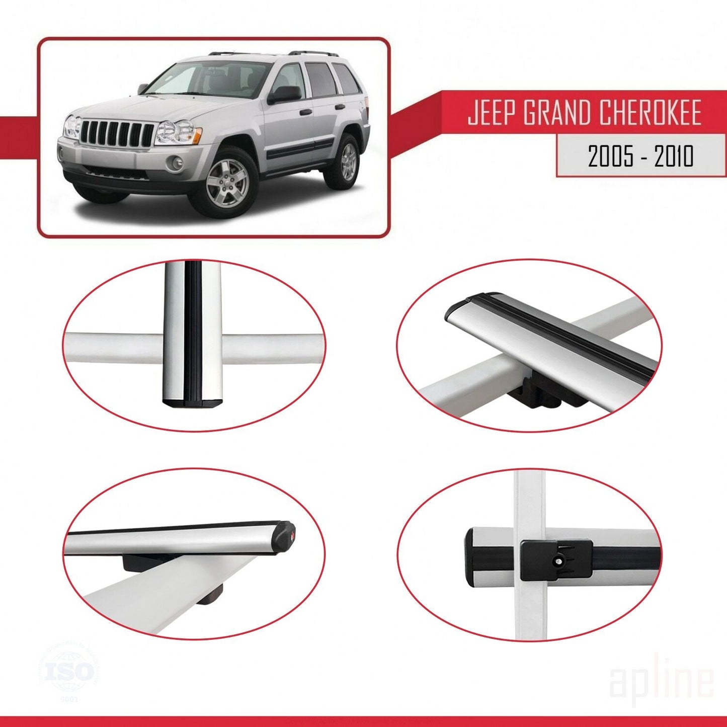 Compatible avec Jeep Grand Cherokee 3 (WK) 2005-2010 BASIC Model Barres de Toit Railing Porte-Bagages de Voiture Gris Aluminium 2 Barres