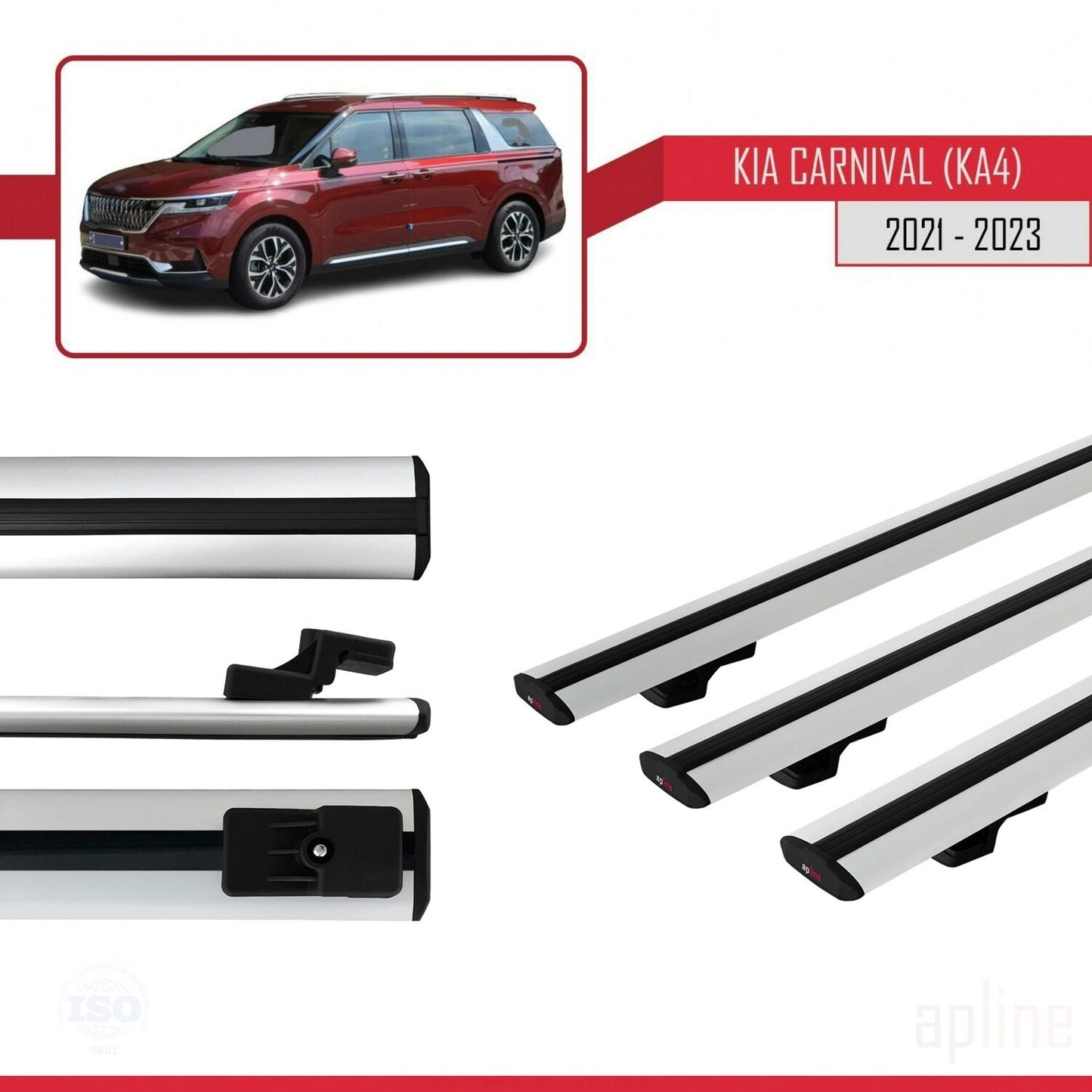 Compatible with Kia Carnival 4 (KA4) 2021-2023 BASIC Model Car Roof Rack Cross Bar Grey Aluminium 3 Bars