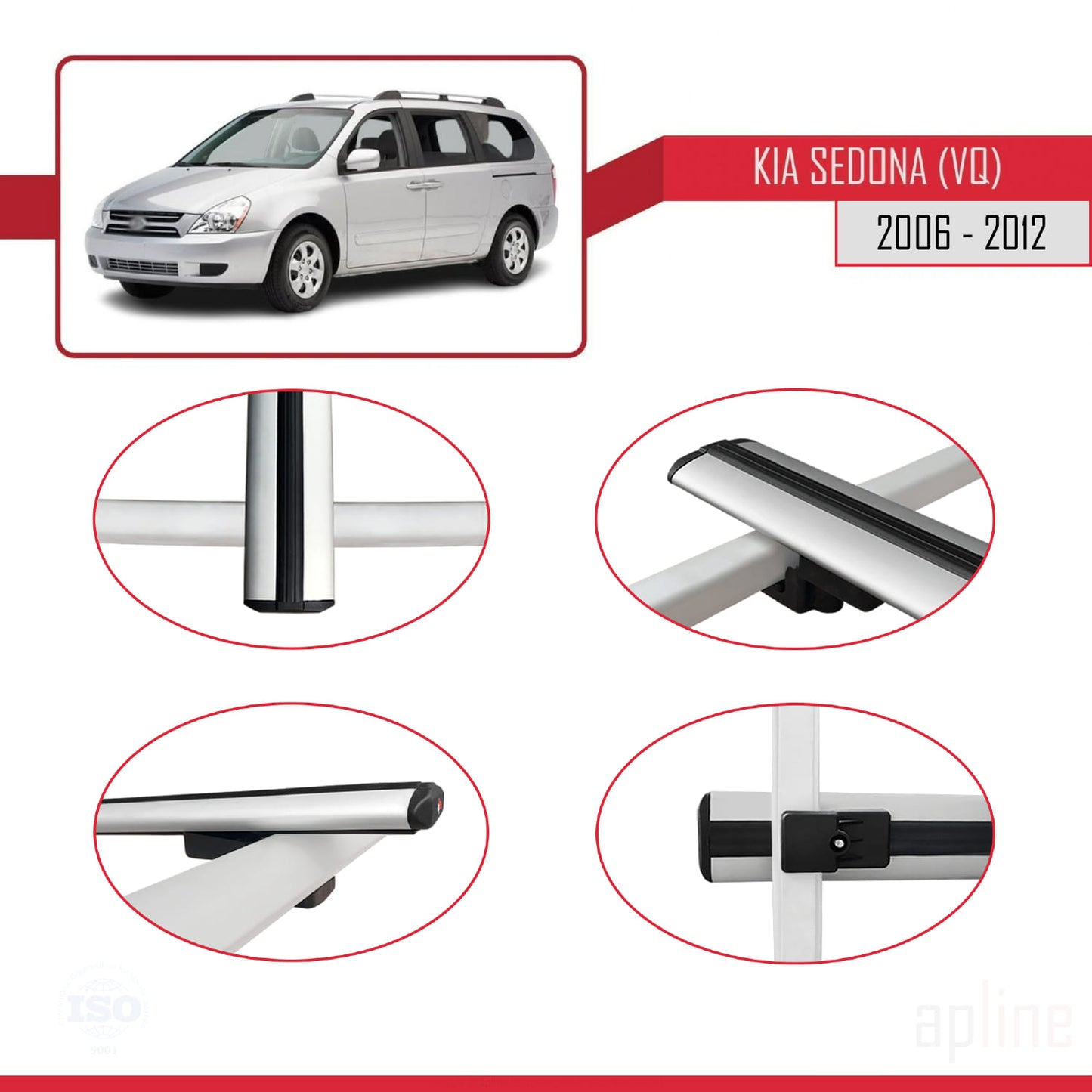 Compatible with Kia Sedona 2 (VQ) 2006-2012 BASIC Model Car Roof Rack Cross Bar Grey Aluminium 2 Bars