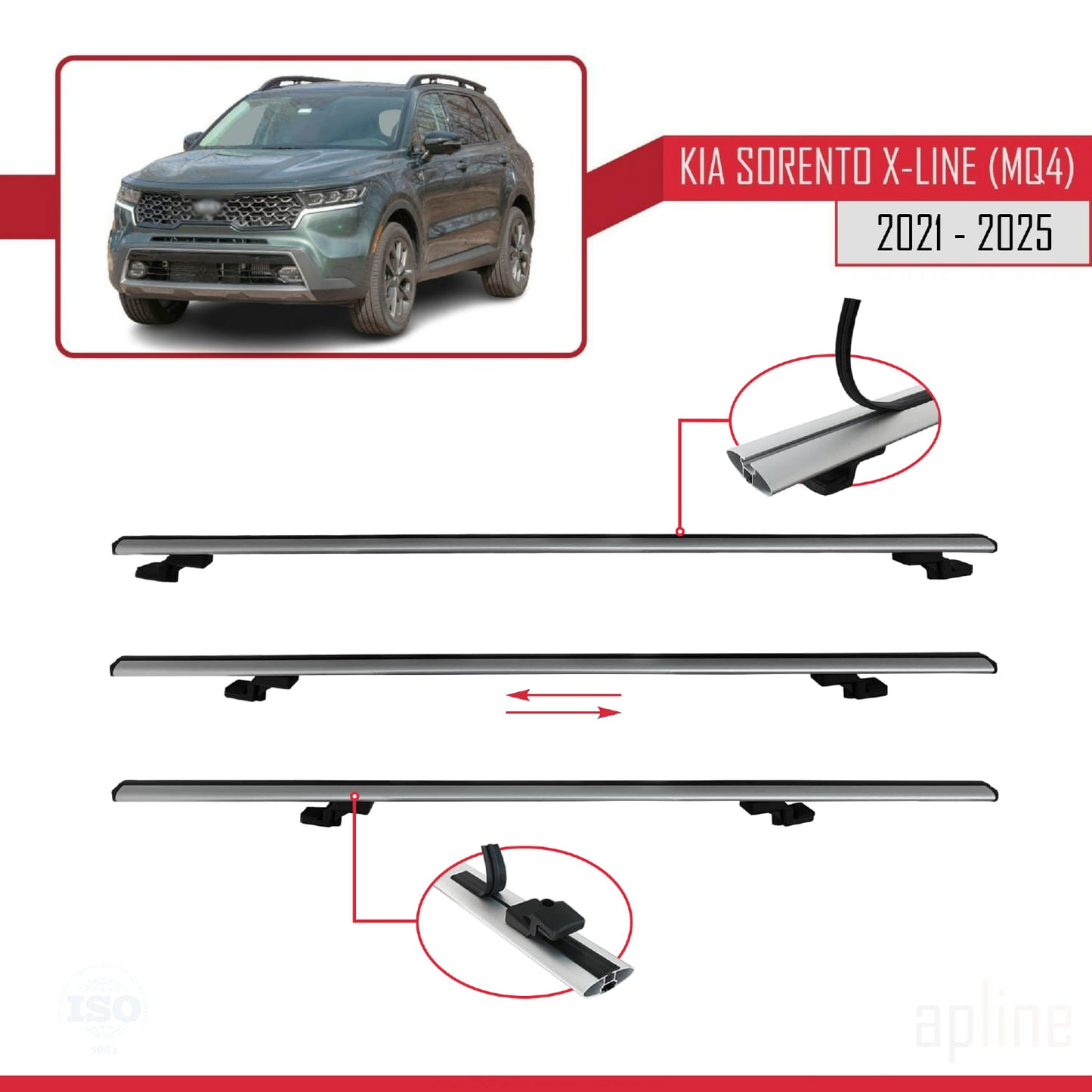 Compatible with Kia Sorento 4 (MQ4) X-Line 2021-2025 BASIC Model Car Roof Rack Cross Bar Grey Aluminium 2 Bars