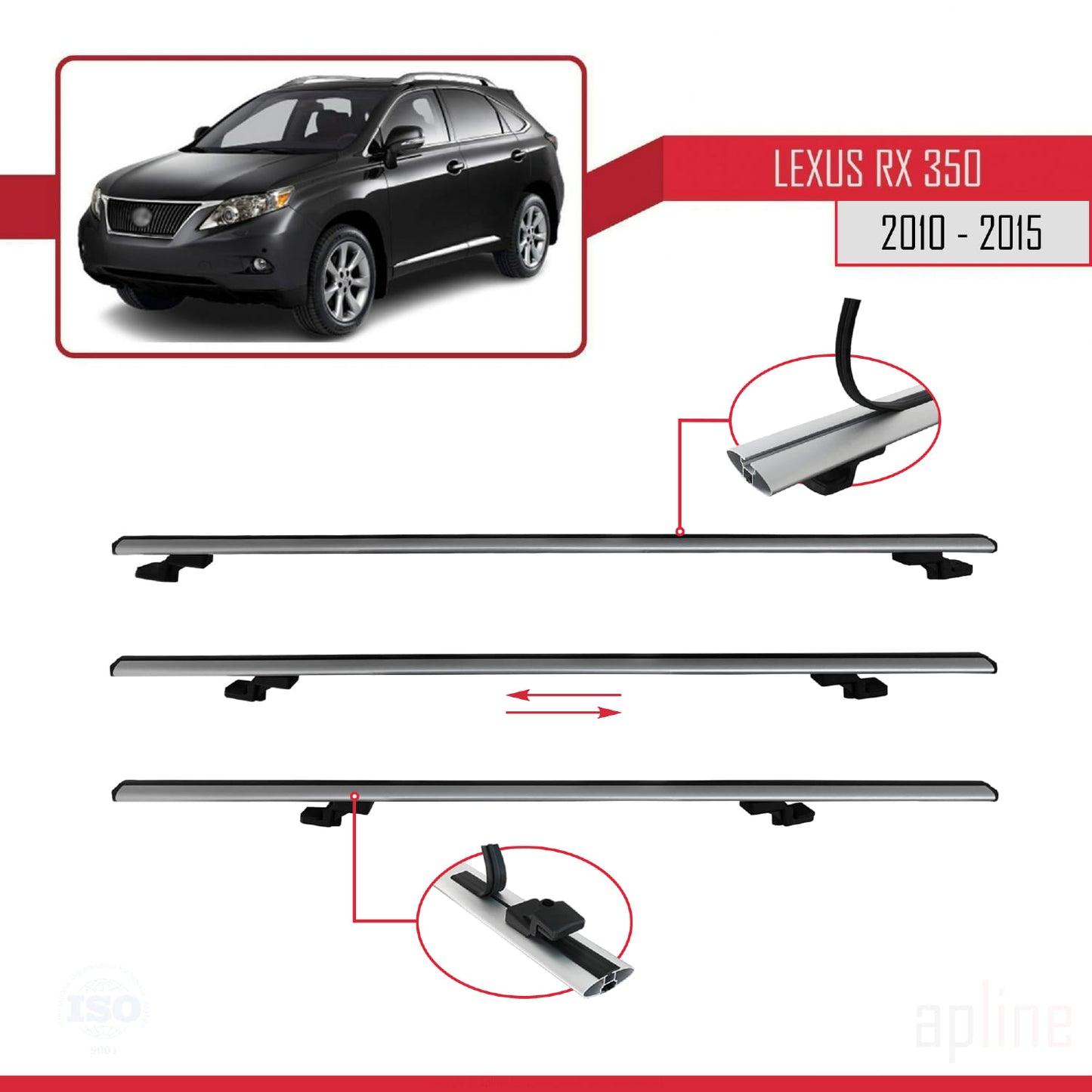 Compatible with Lexus RX 3 (AL10) 2010-2015 BASIC Model Car Roof Rack Cross Bar Grey Aluminium 3 Bars