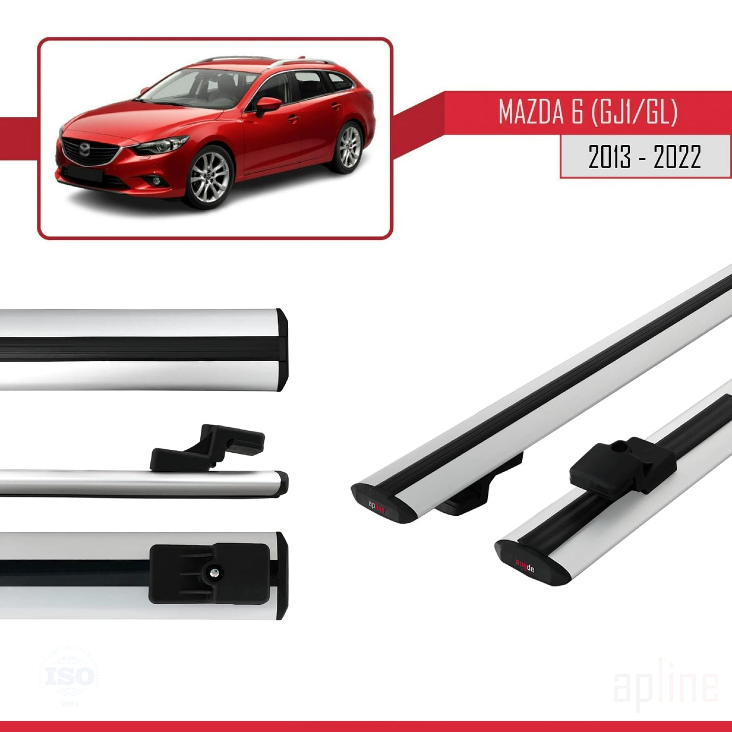 Compatible with Mazda 6 III (GJ1/GL) 2013-2022 BASIC Model Car Roof Rack Cross Bar Grey Aluminium 2 Bars