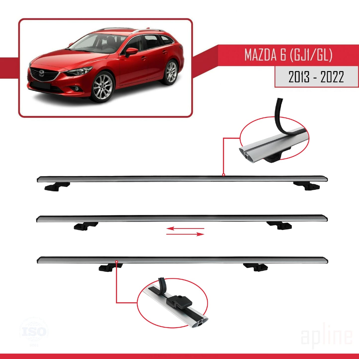 Compatible with Mazda 6 III (GJ1/GL) 2013-2022 BASIC Model Car Roof Rack Cross Bar Grey Aluminium 2 Bars