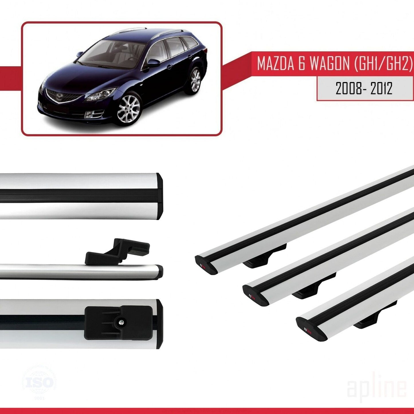 Compatible with Mazda 6 II (GZ) Wagon 2008-2012 BASIC Model Car Roof Rack Cross Bar Grey Aluminium 3 Bars
