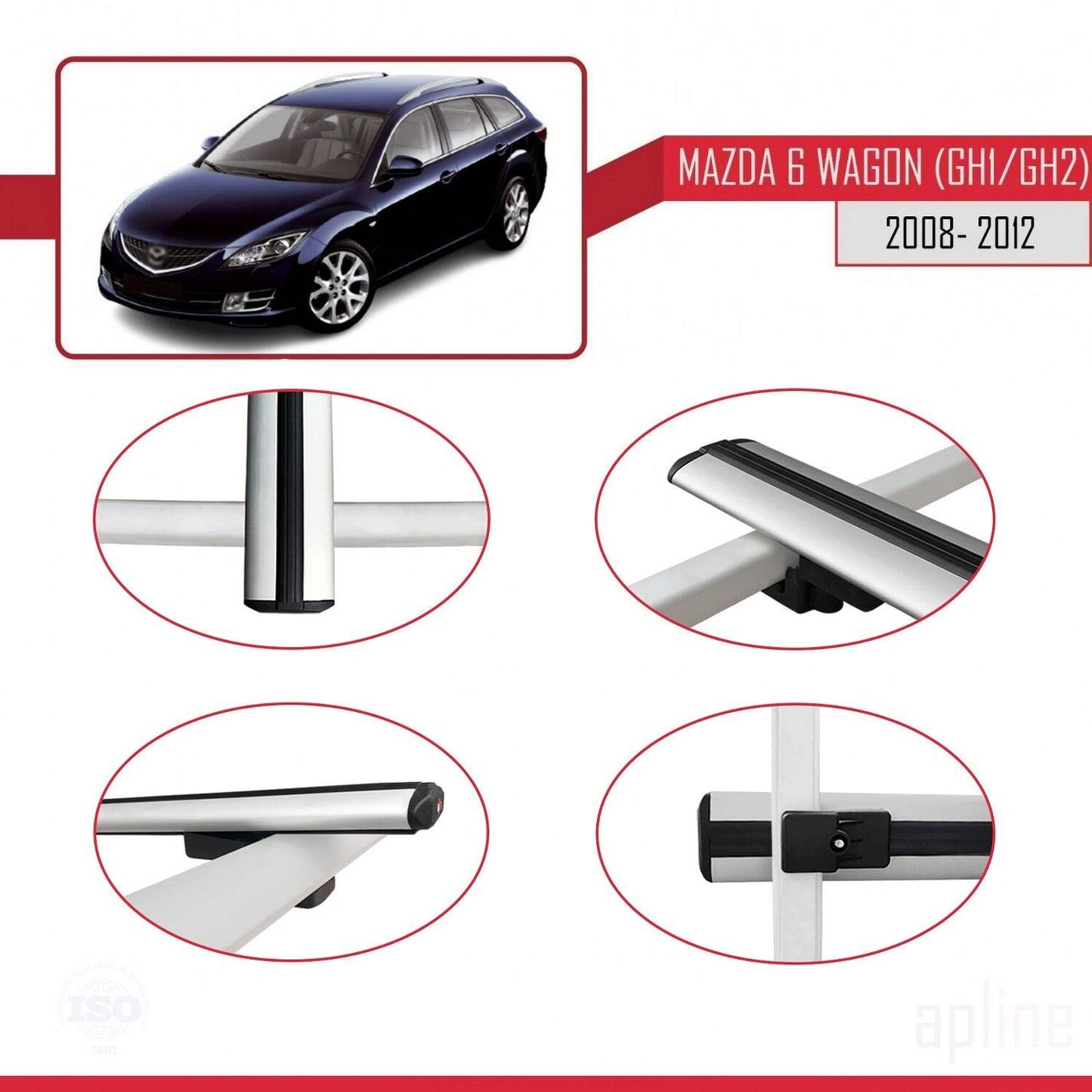 Compatible with Mazda 6 II (GZ) Wagon 2008-2012 BASIC Model Car Roof Rack Cross Bar Grey Aluminium 3 Bars