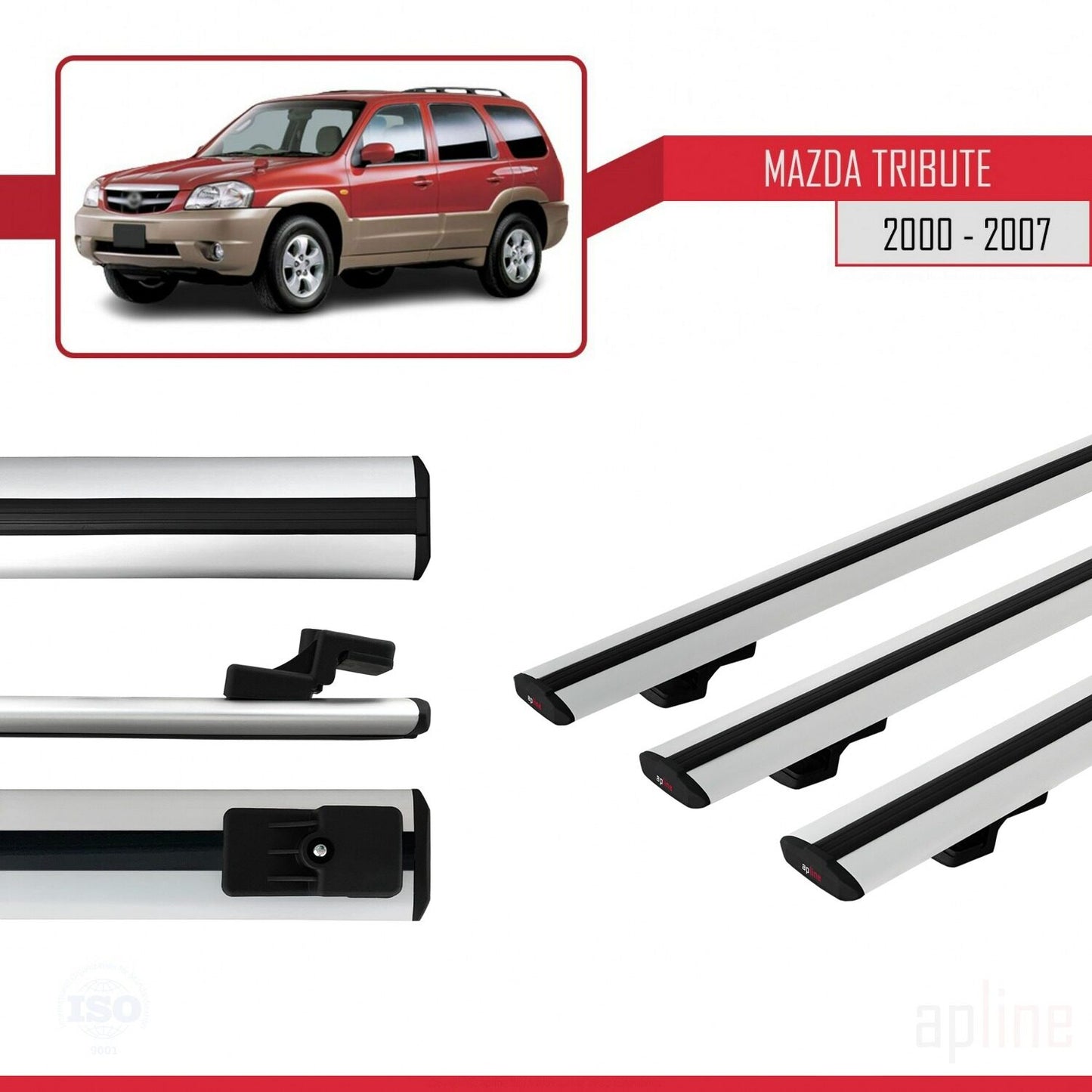 Compatible with Mazda Tribute 2000-2007 BASIC Model Car Roof Rack Cross Bar Grey Aluminium 3 Bars