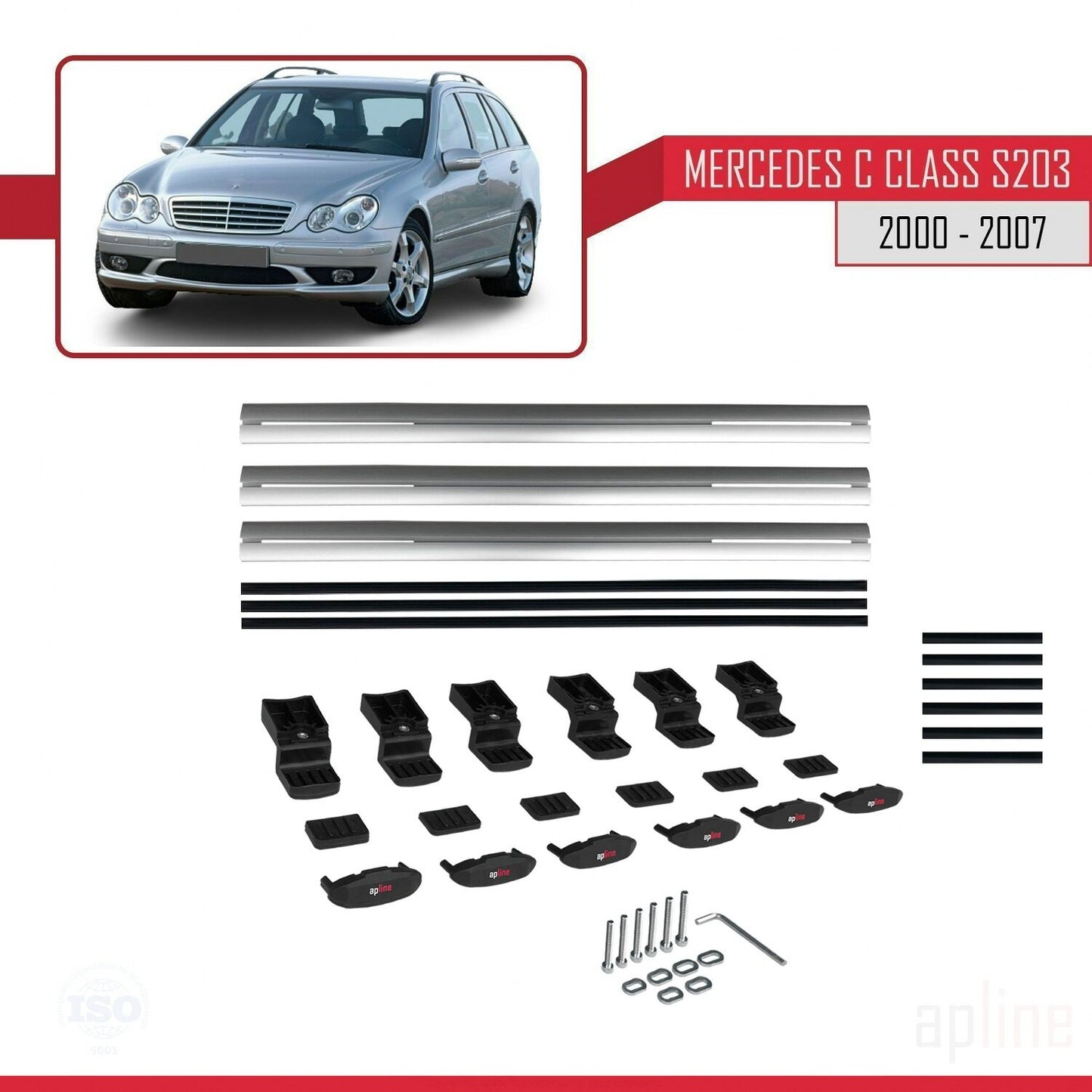 Compatible avec Mercedes Classe C 2 (S203) 2000-2007 BASIC Model Barres de Toit Railing Porte-Bagages de Voiture Gris Aluminium 3 Barres
