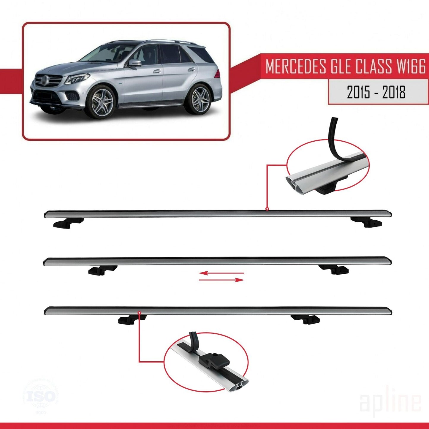 Compatible with Mercedes GLE Class 3 (W166) 2015-2018 BASIC Model Car Roof Rack Cross Bar Grey Aluminium 2 Bars
