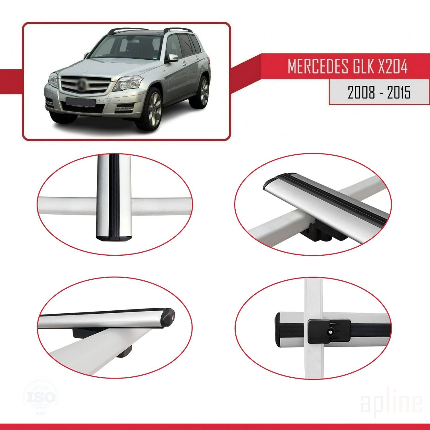 Compatible with Mercedes GLK Class (X204) 2008-2015 BASIC Model Car Roof Rack Cross Bar Grey Aluminium 2 Bars