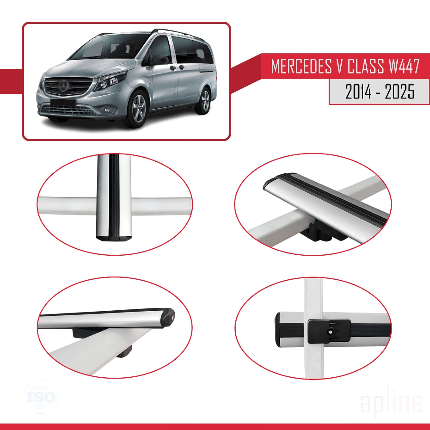 Compatible avec Mercedes Classe V 3 (W447) 2014-2025 BASIC Model Barres de Toit Railing Porte-Bagages de Voiture Gris Aluminium 4 Barres