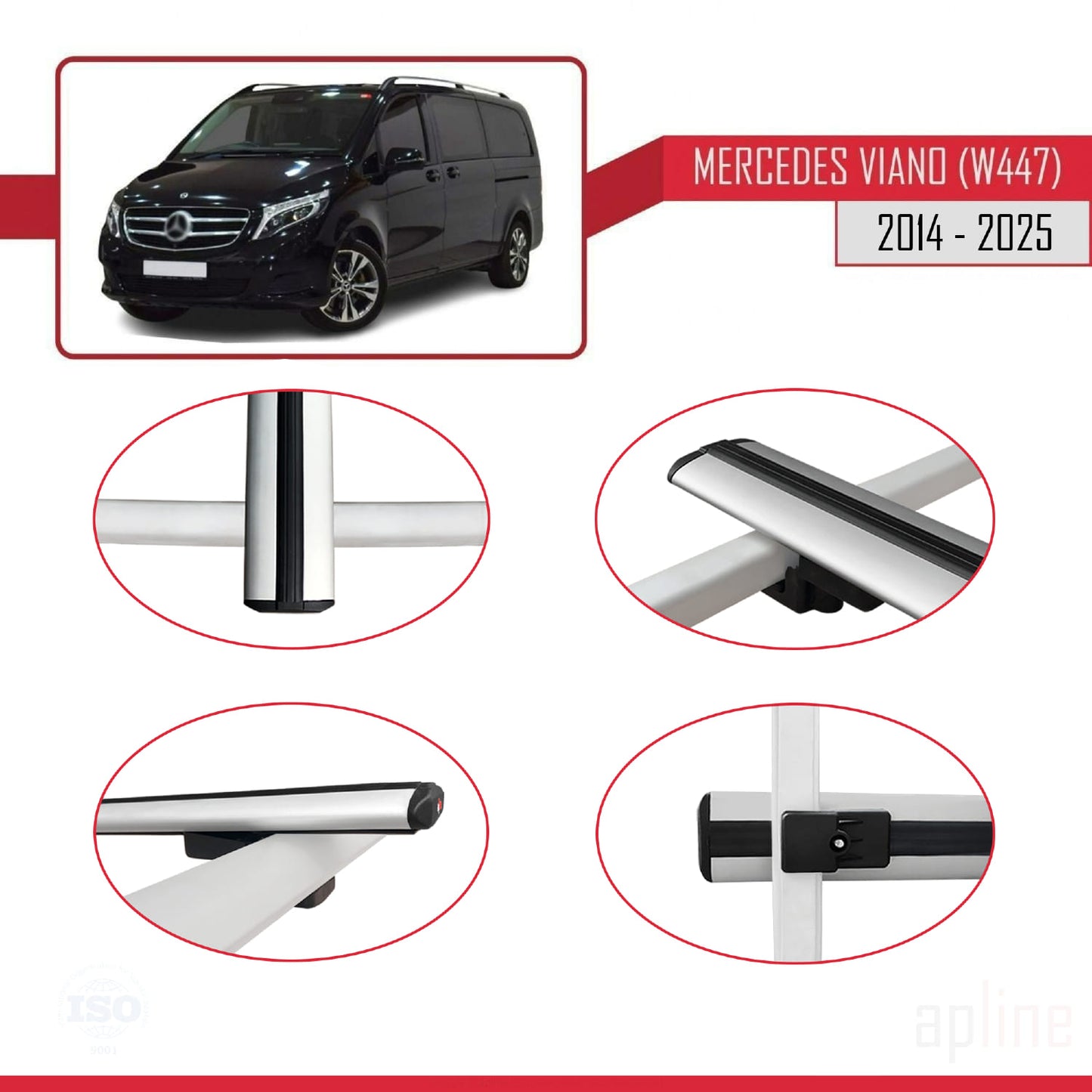 Compatible with Mercedes Viano 3 (W447) 2014-2025 BASIC Model Car Roof Rack Cross Bar Grey Aluminium 2 Bars