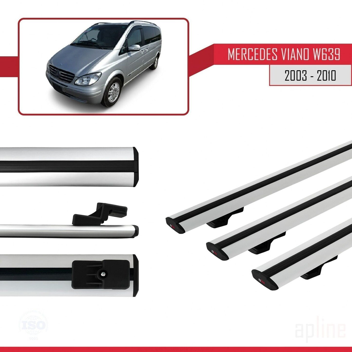 Compatible with Mercedes Viano 2 (W639) Pre-Facelift 2003-2010 BASIC Model Car Roof Rack Cross Bar Grey Aluminium 3 Bars
