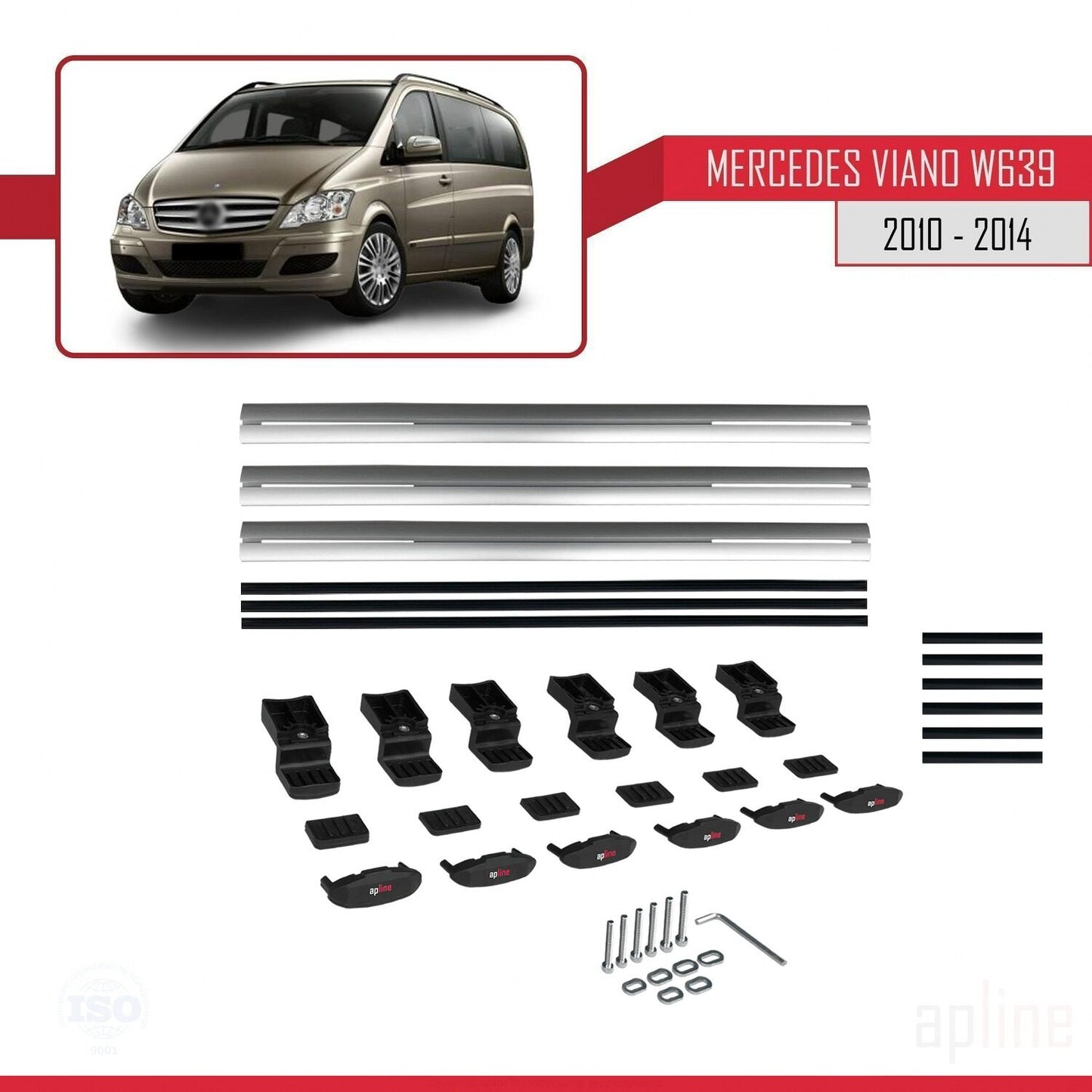 Compatible with Mercedes Viano 2 (W639) Post-Facelift 2010-2014 BASIC Model Car Roof Rack Cross Bar Grey Aluminium 3 Bars