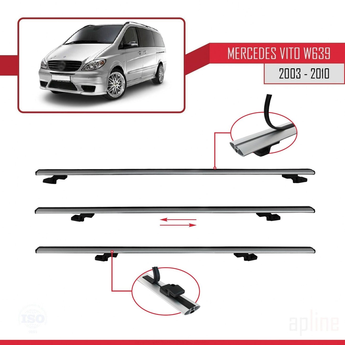 Compatible with Mercedes Vito 2 (W639) Pre-Facelift 2003-2010 BASIC Model Car Roof Rack Cross Bar Grey Aluminium 3 Bars
