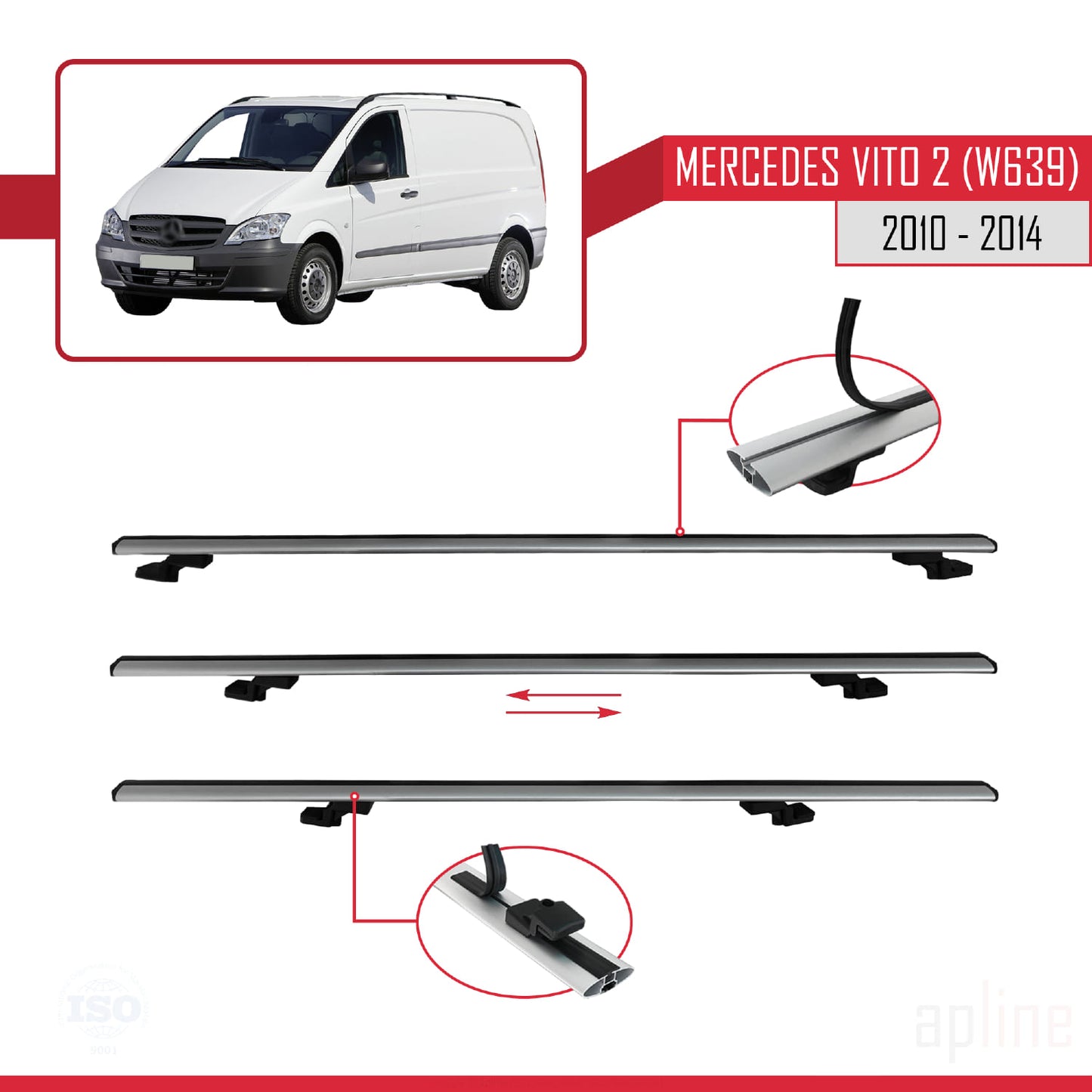 Compatible with Mercedes Vito 2 (W639) Post-Facelift 2010-2014 BASIC Model Car Roof Rack Cross Bar Grey Aluminium 4 Bars