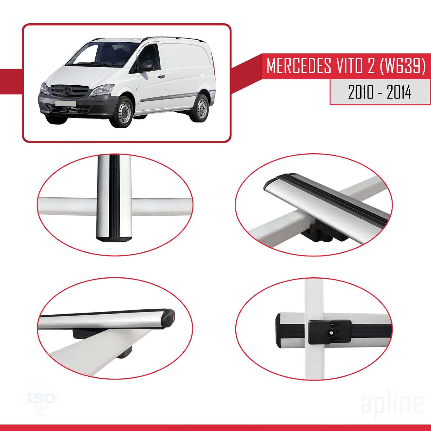 Compatible with Mercedes Vito 2 (W639) Post-Facelift 2010-2014 BASIC Model Car Roof Rack Cross Bar Grey Aluminium 2 Bars