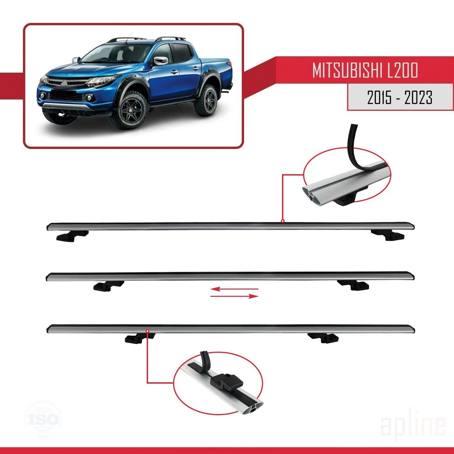 Compatible avec Mitsubishi L200 V 2015-2023 BASIC Model Barres de Toit Railing Porte-Bagages de Voiture Gris Aluminium 3 Barres