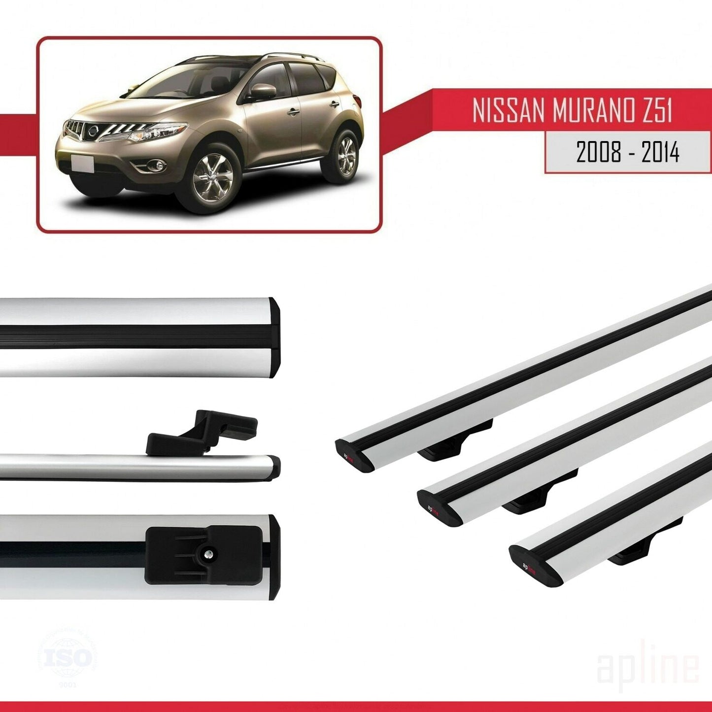 Compatible avec Nissan Murano 2 (Z51) 2008-2014 BASIC Model Barres de Toit Railing Porte-Bagages de Voiture Gris Aluminium 3 Barres