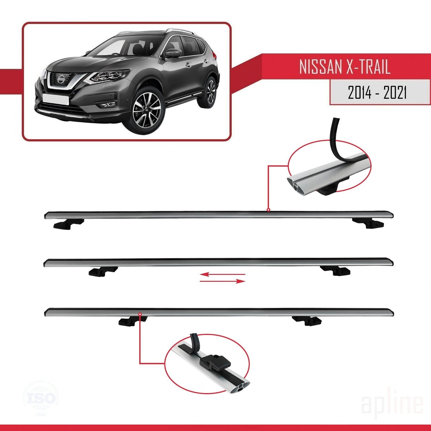 Compatible avec Nissan X-Trail 3 (T32) 2014-2021 BASIC Model Barres de Toit Railing Porte-Bagages de Voiture Gris Aluminium 3 Barres