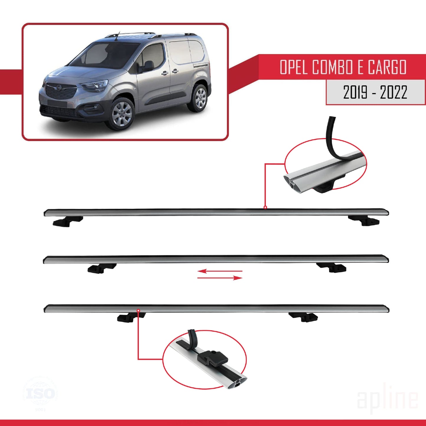 Compatible avec Opel Combo E Cargo 2019-2022 BASIC Model Barres de Toit Railing Porte-Bagages de Voiture Gris Aluminium 4 Barres
